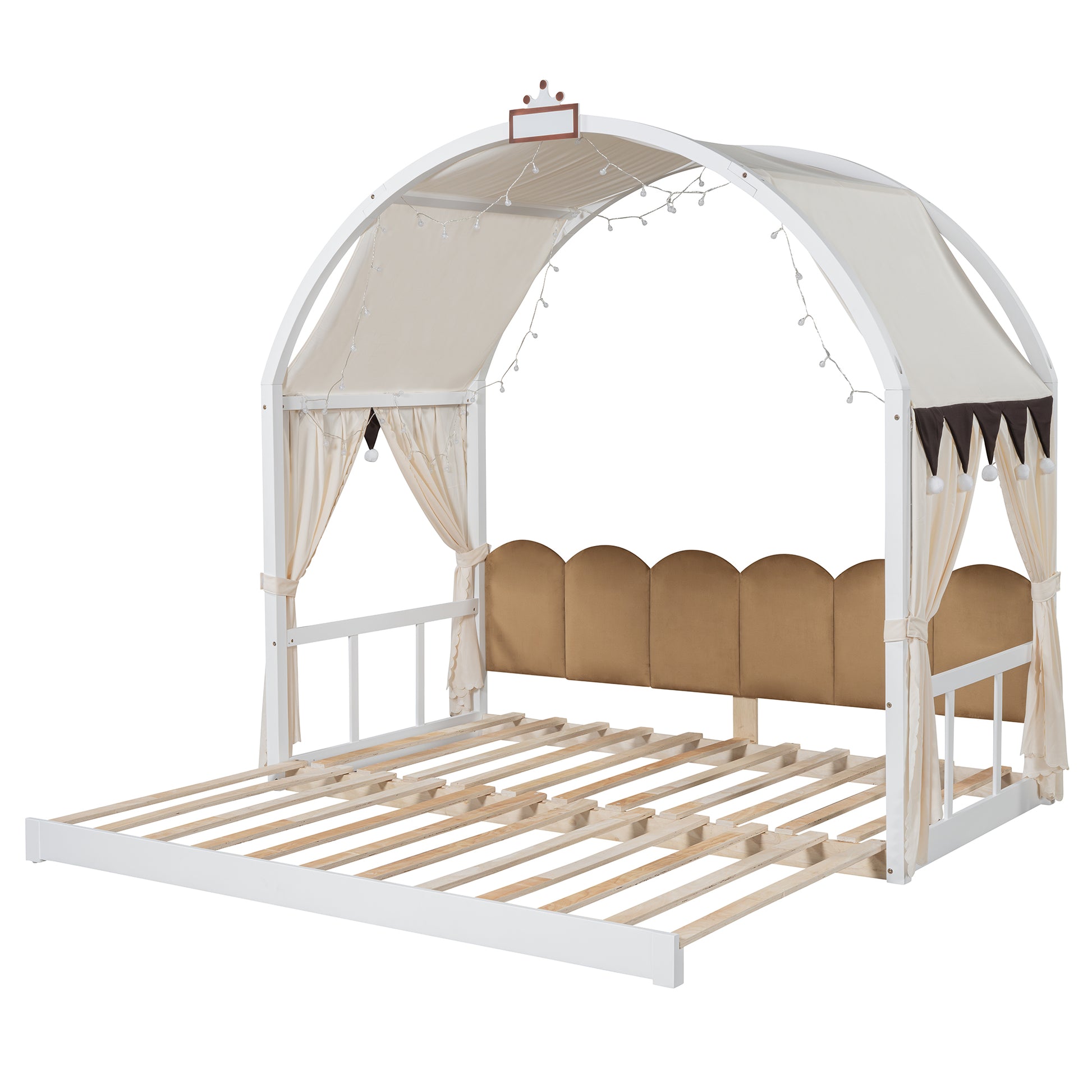 Twin Size Extended Bed With Arched Roof And Trundle, White Twin White Plywood