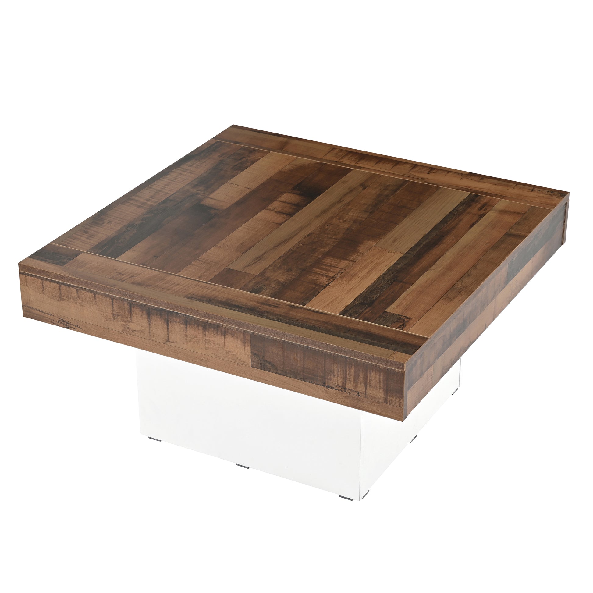 31.4'' X 31.4'' Farmhouse Coffee Table With 2 Usb Ports And Outlets, Brown Spliced Wood Grain Center Table With Led Light, Rustic Cocktail Table With Charging Station For Living Room, White White Primary Living Space Square Particle Board