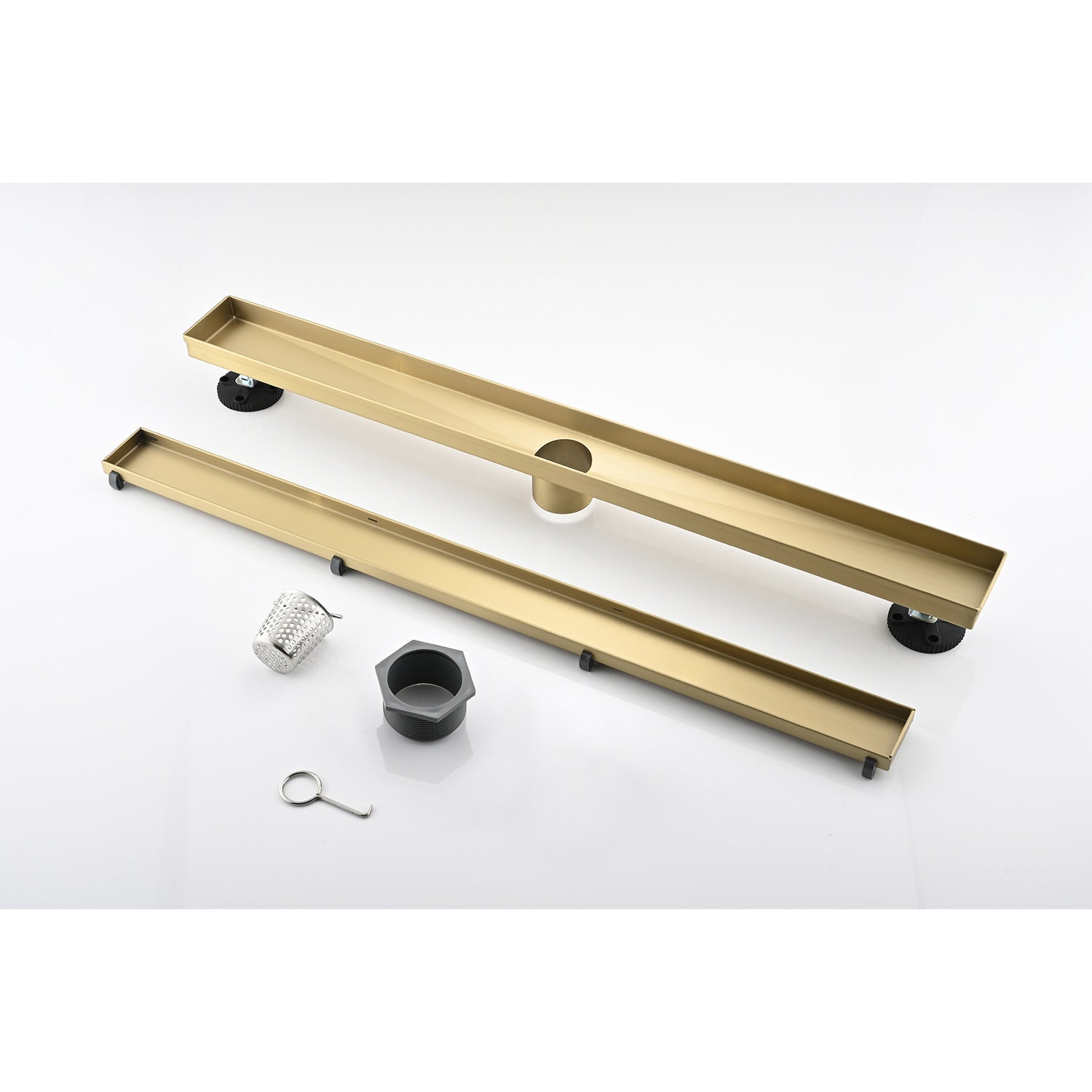 30 Inches Linear Shower Drain, Included Hair Strainer And Leveling Feet Brushed Gold Stainless Steel