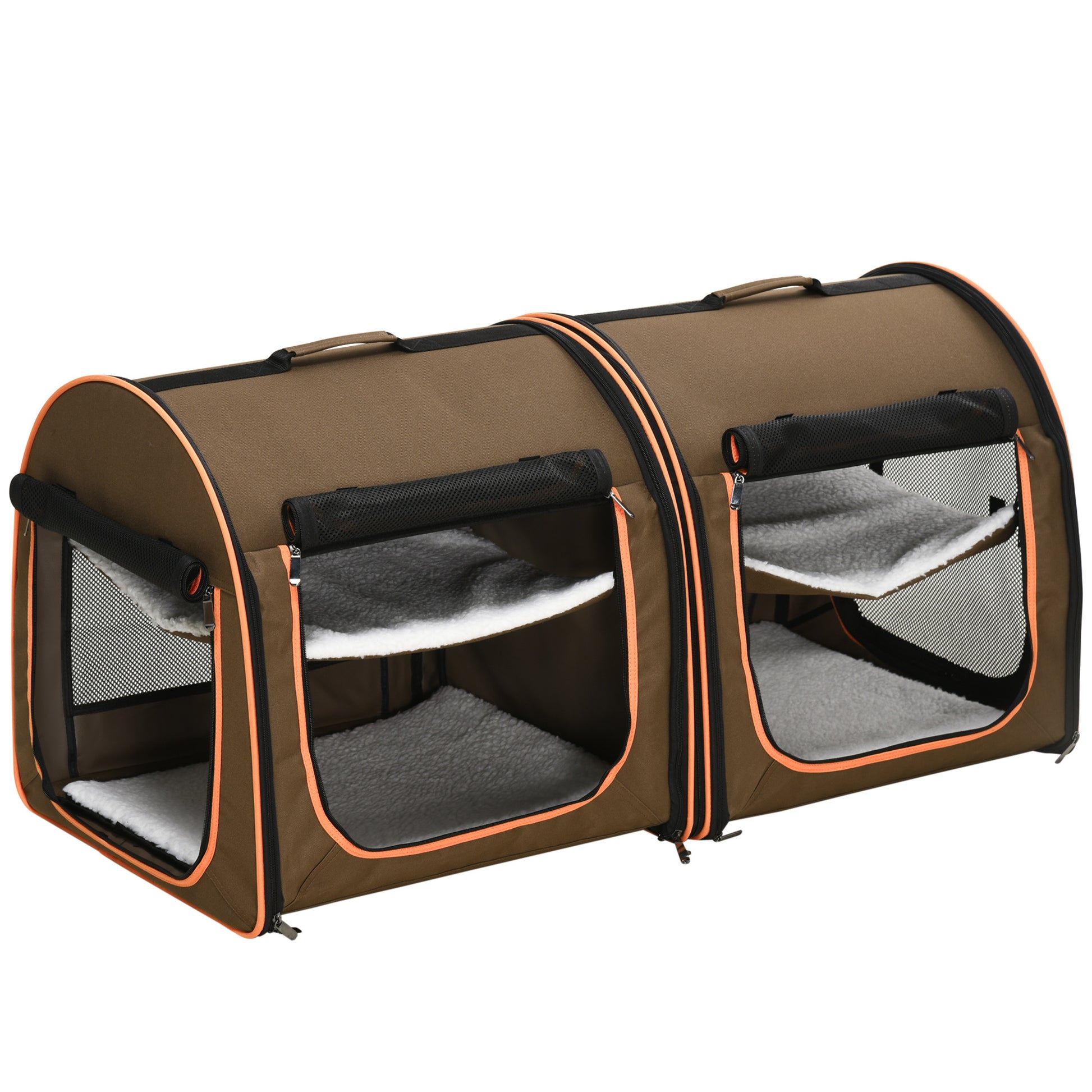 Pawhut 39" Portable Soft Sided Pet Cat Carrier With Divider, Two Compartments, Soft Cushions, & Storage Bag, Brown Brown Polyester