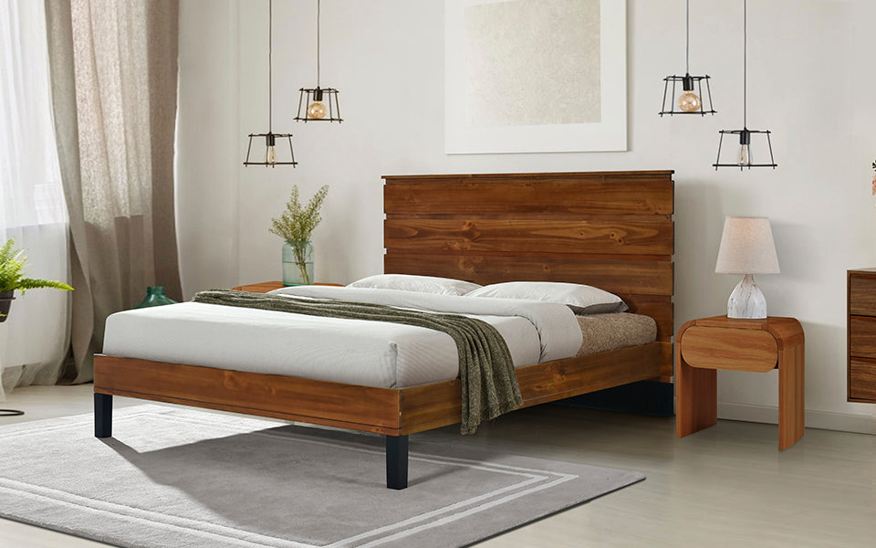 Mid Century Modern Solid Wood Bed Frame King Size Platform Bed With Six Piece Headboard Design, No Box Spring Needed, Brown King Brown Pine