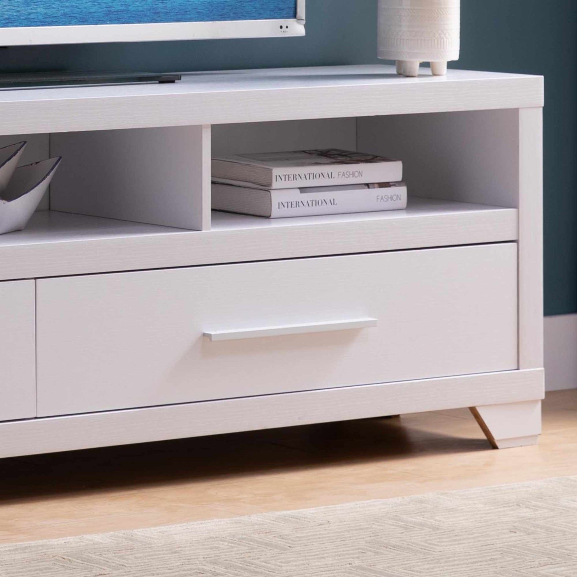 Modern White Tv Stand With Three Open Shelves And Two Drawers With Stylish Media Storage White 70 79 Inches Mdf