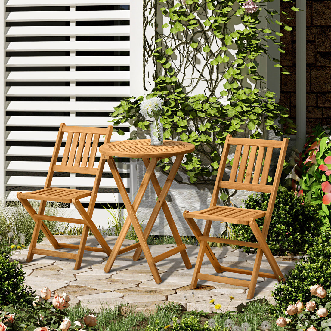 Outsunny 3 Piece Acacia Wood Bistro Set, Folding Patio Furniture With 2 Folding Chairs And Round Coffee Table, Teak, Slatted Finish, For Backyard, Balcony, Deck, Natural Natural Acacia Wood