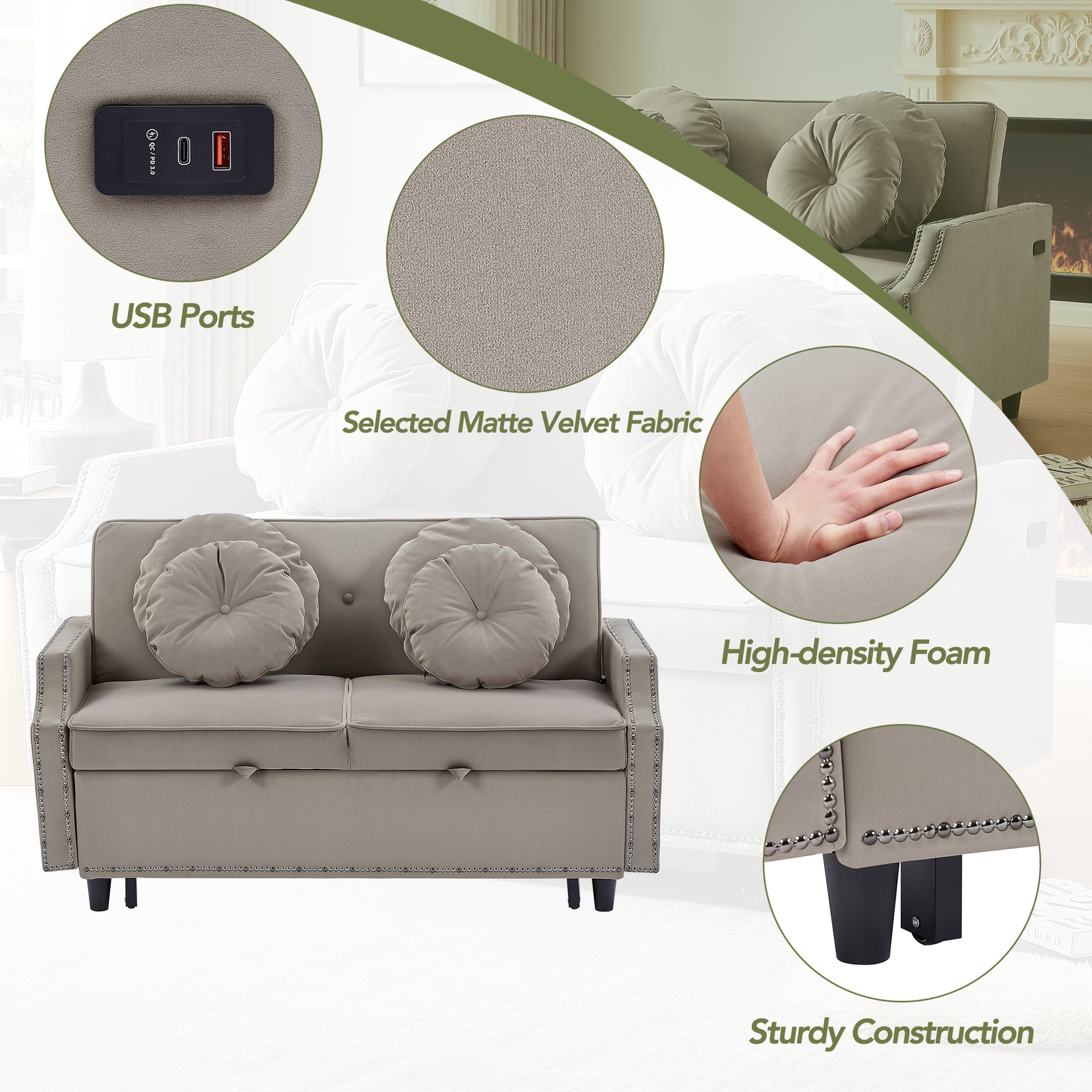 54.7" Multiple Adjustable Positions Sofa Bed Stylish Sofa Bed With A Button Tufted Backrest, Two Usb Ports And Four Floral Lumbar Pillows For Living Room, Bedroom,Or Small Space, Coffee Coffee Foam Polyester 2 Seat
