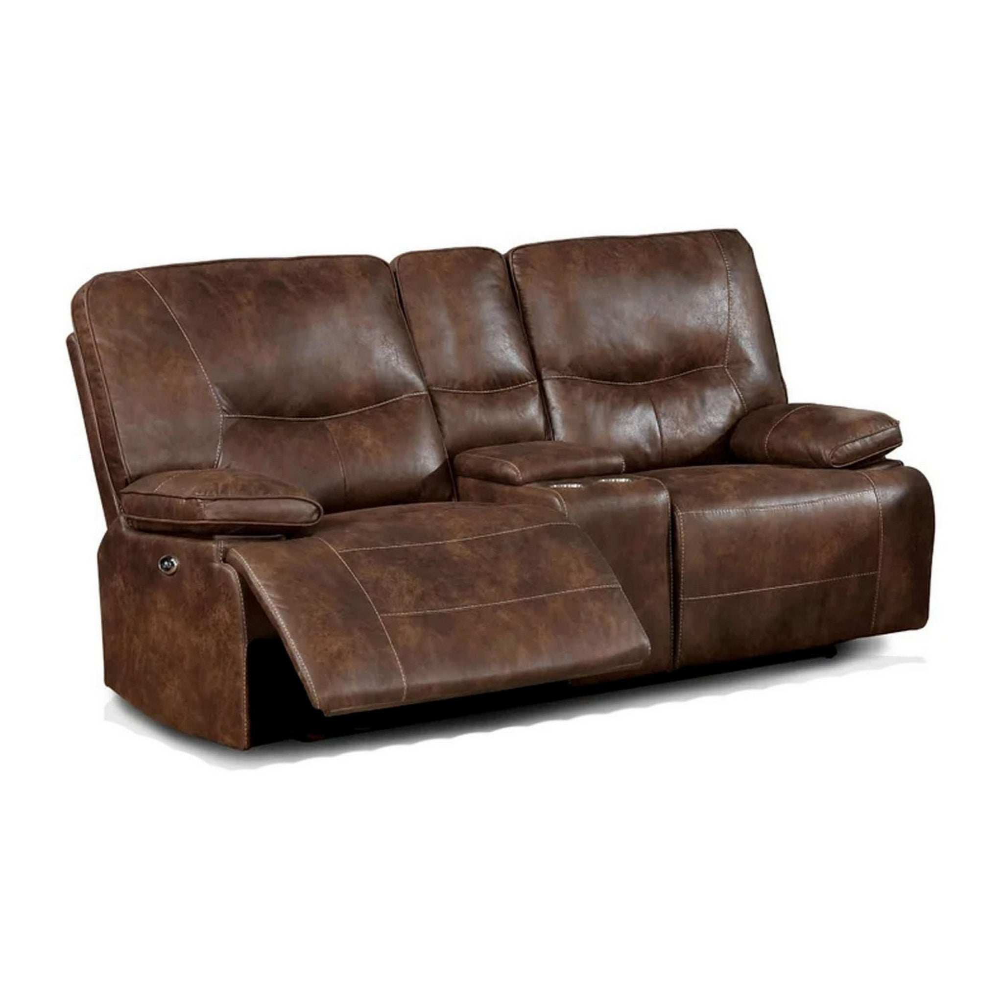 Heli 79 Inch Power Reclining Loveseat, Pull Tab Footrest, Usb Port, Brown Brown Wood Fabric