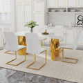 Table And Chair Set.The Table Has A Glass Tabletop With Imitation Marble Pattern Stickers And Stainless Steel Golden Table Legs. Paried With Comfortable Chairs With Pu Seats And Metal Legs. White