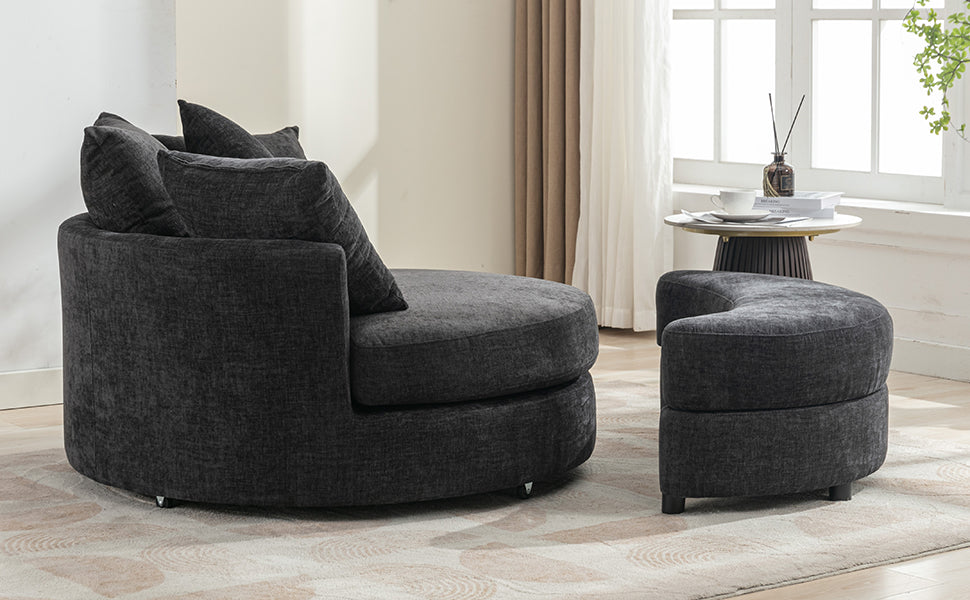Orisfur. 360 Swivel Accent Barrel Chair With Storage Ottoman & 4 Pillows, Modern Chenille Leisure Chair Round Accent For Living Room, Gray Gray Foam Chenille