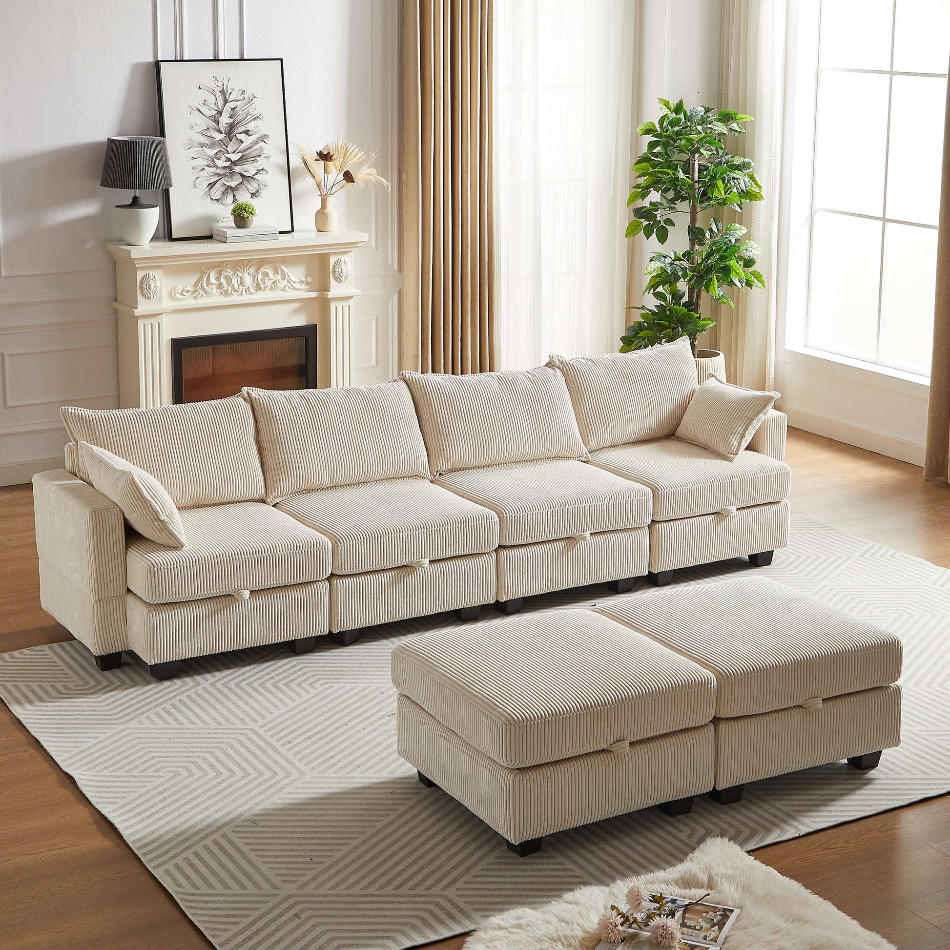 113.5'' Modular Sectiona Corduroy Sofa, Sectional Couches For Living Room U Shaped Sectional Couch With Storage Ottoman, 6 Seats Convertible Sectionals With Chaise Beige Corduroy 3 Seat