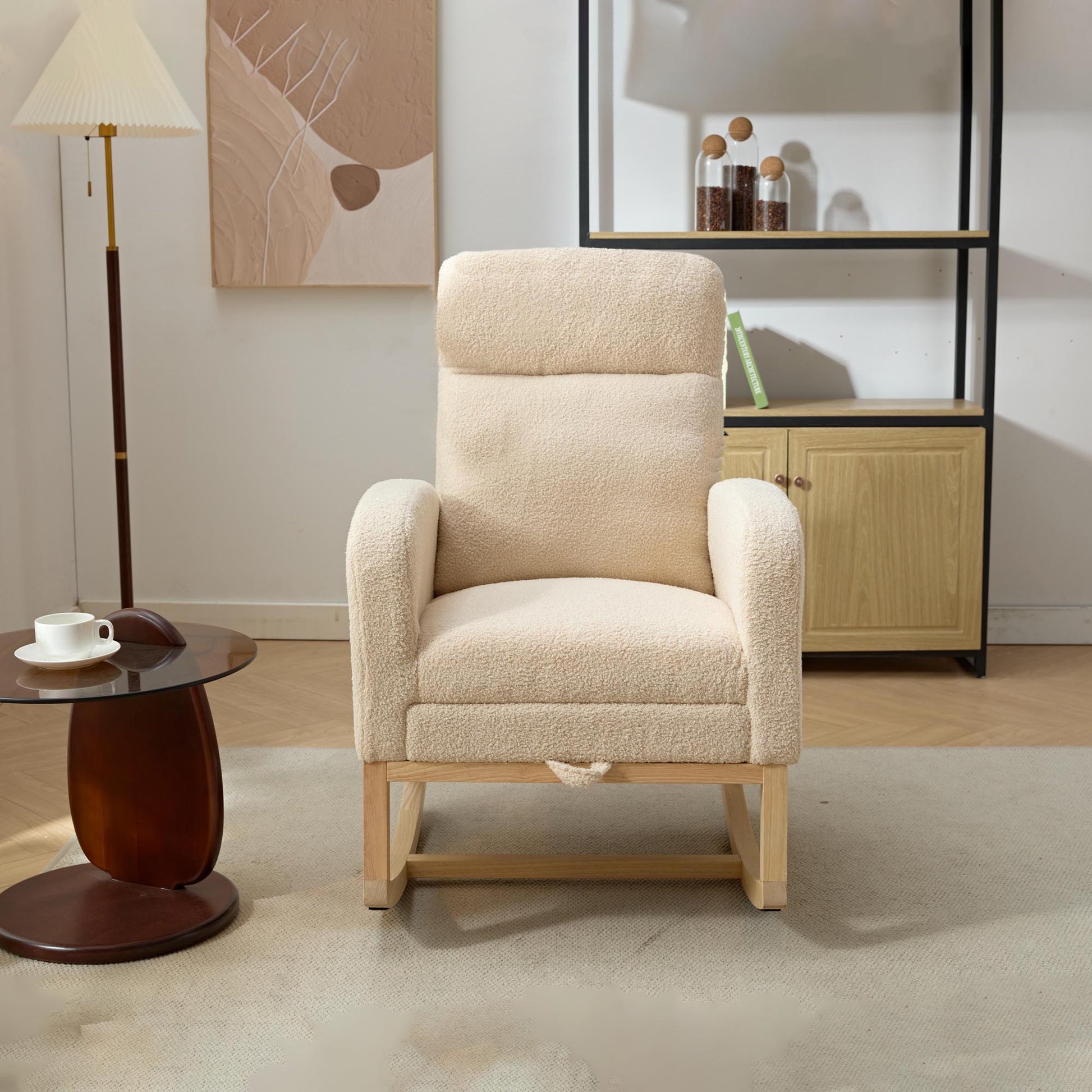 Modern Accent Rocking Chair Rocking Chair With Solid Wood Legs, Upholstered Nursery Glider Rocker, Comfy Armchair With Side Pocket, Living Room Lounge Arm Chair With High Backrest Teddy Beige Rubber Wood,Teddy