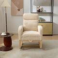 Modern Accent Rocking Chair Rocking Chair With Solid Wood Legs, Upholstered Nursery Glider Rocker, Comfy Armchair With Side Pocket, Living Room Lounge Arm Chair With High Backrest Teddy Beige