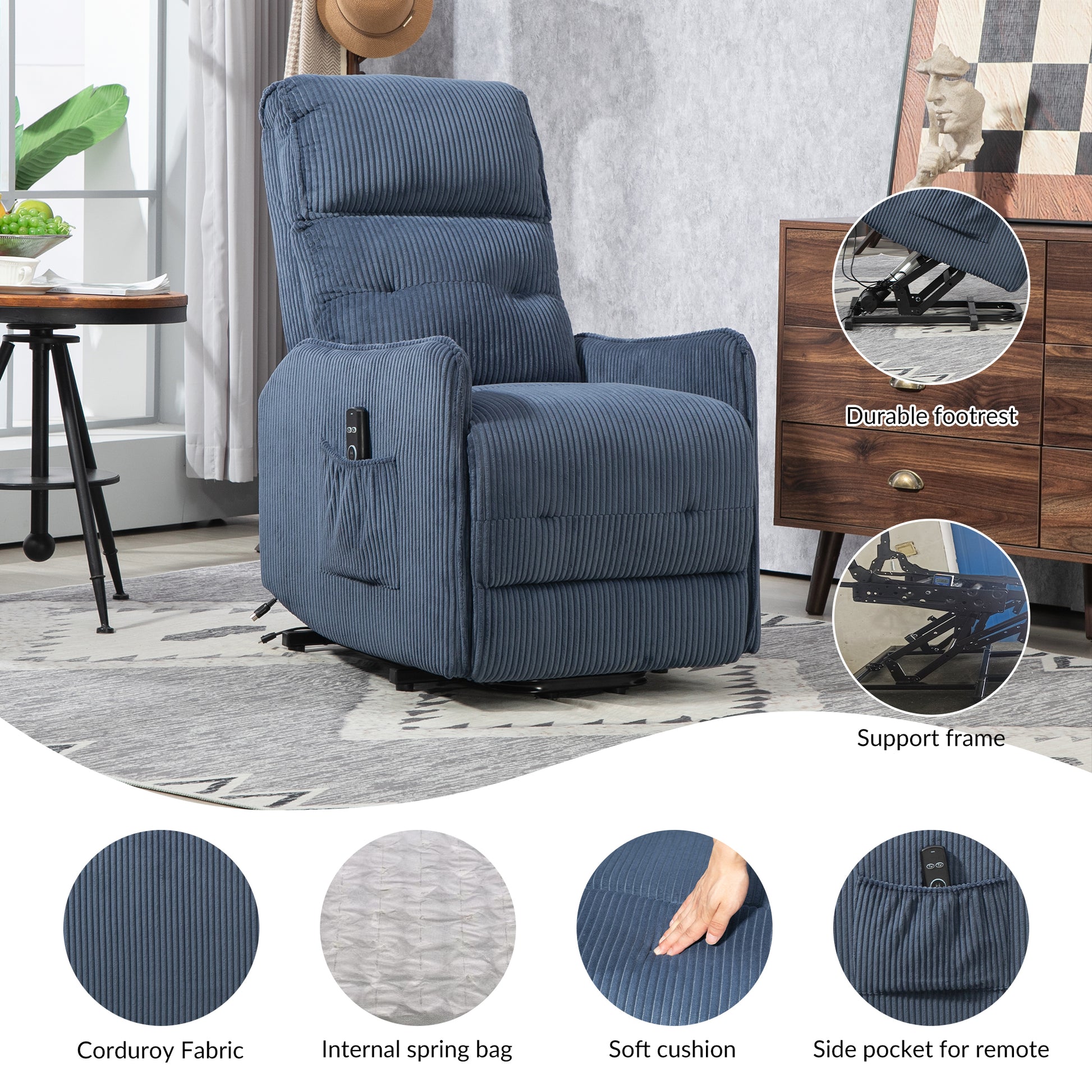 Coolmore Recliner Chair, Electric Recliner Chairs For Adults, Side Pocket Power Reclining Chair Pocket Springs Seat Cushion, Corduroy Fabric Recliner Sofa For Living Room, Bedroom, Home Theater Navy Navy Foam Corduroy