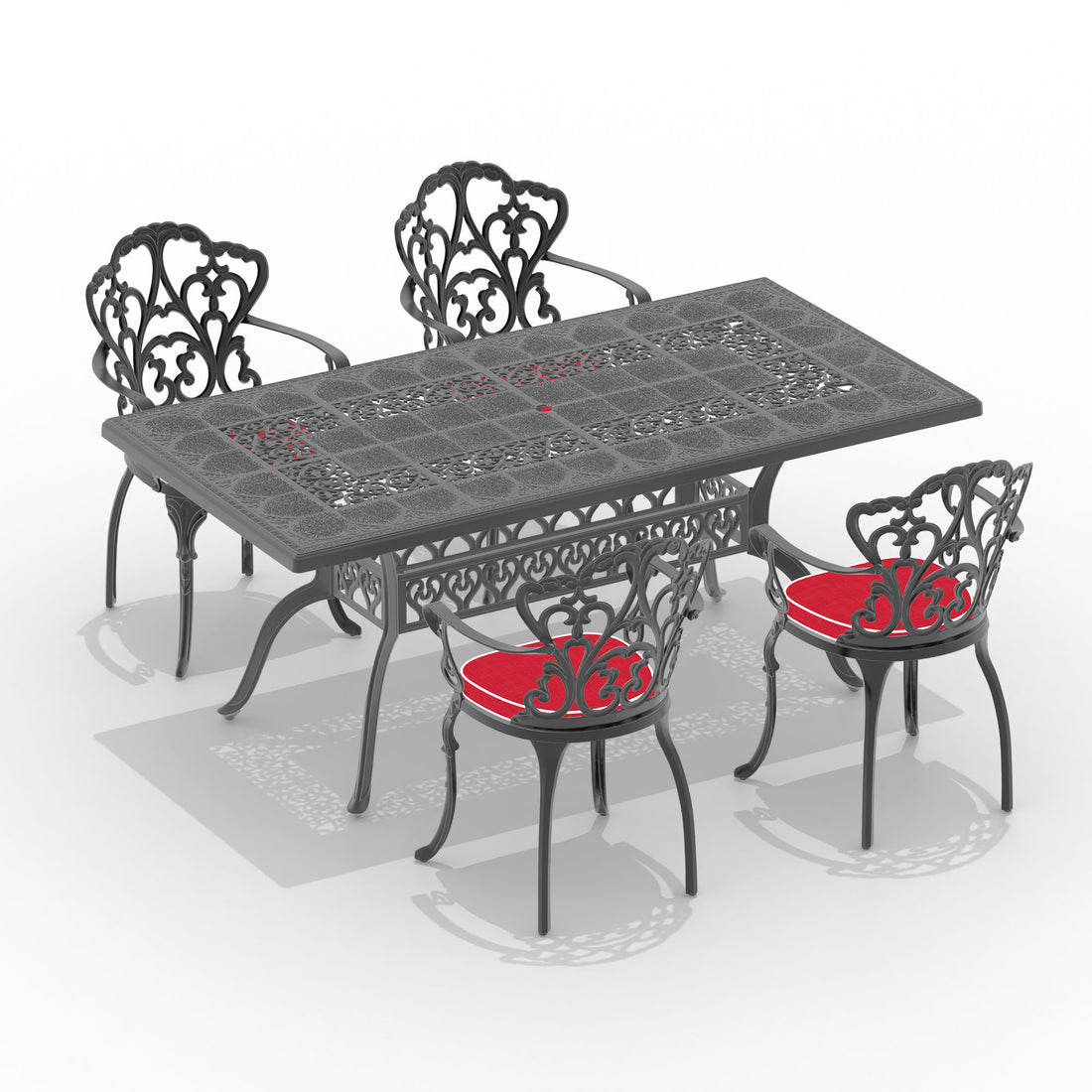 Cushions In Random Colors 5 Piece Set Of Cast Aluminum Patio Furniture With Cushions Yes Dining Set Black Seats 4 Rust Resistant Frame Water Resistant Cushion Garden & Outdoor Complete Patio Sets Aluminium
