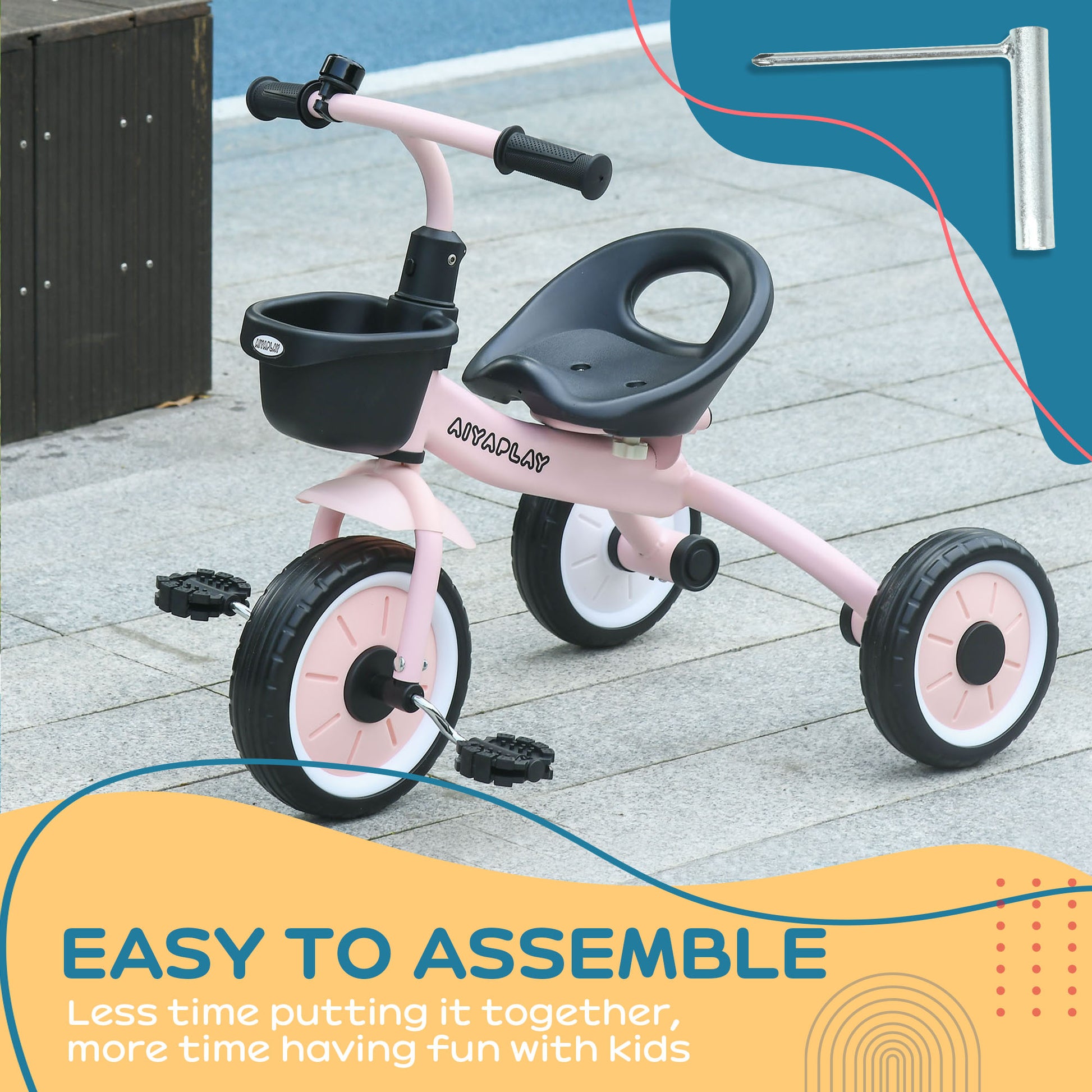 Qaba Kids Tricycle For Toddlers Age 2 5 With Adjustable Seat, Toddler Bike For Children With Basket, Bell, Handlebar Grips, Pink Pink Metal