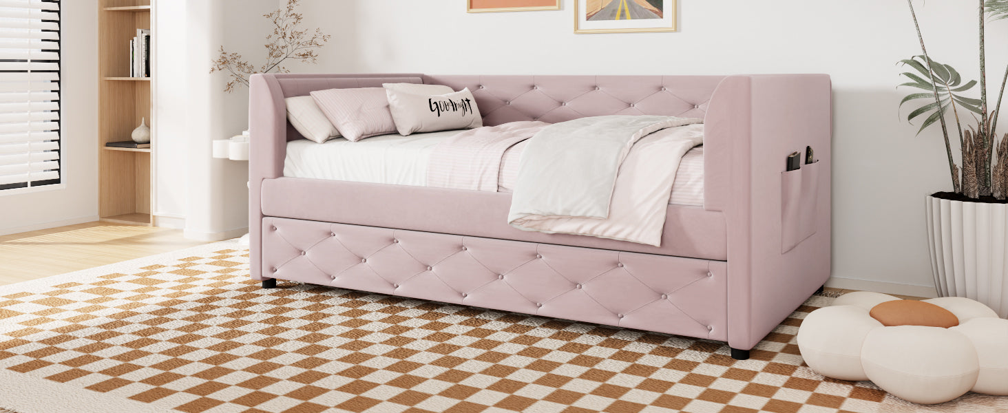 Twin Size Upholstered Velvet Tufted Daybed With Trundle, Pink Box Spring Not Required Twin Pink Wood Daybeds Velvet Solid Wood Mdf,Velvet