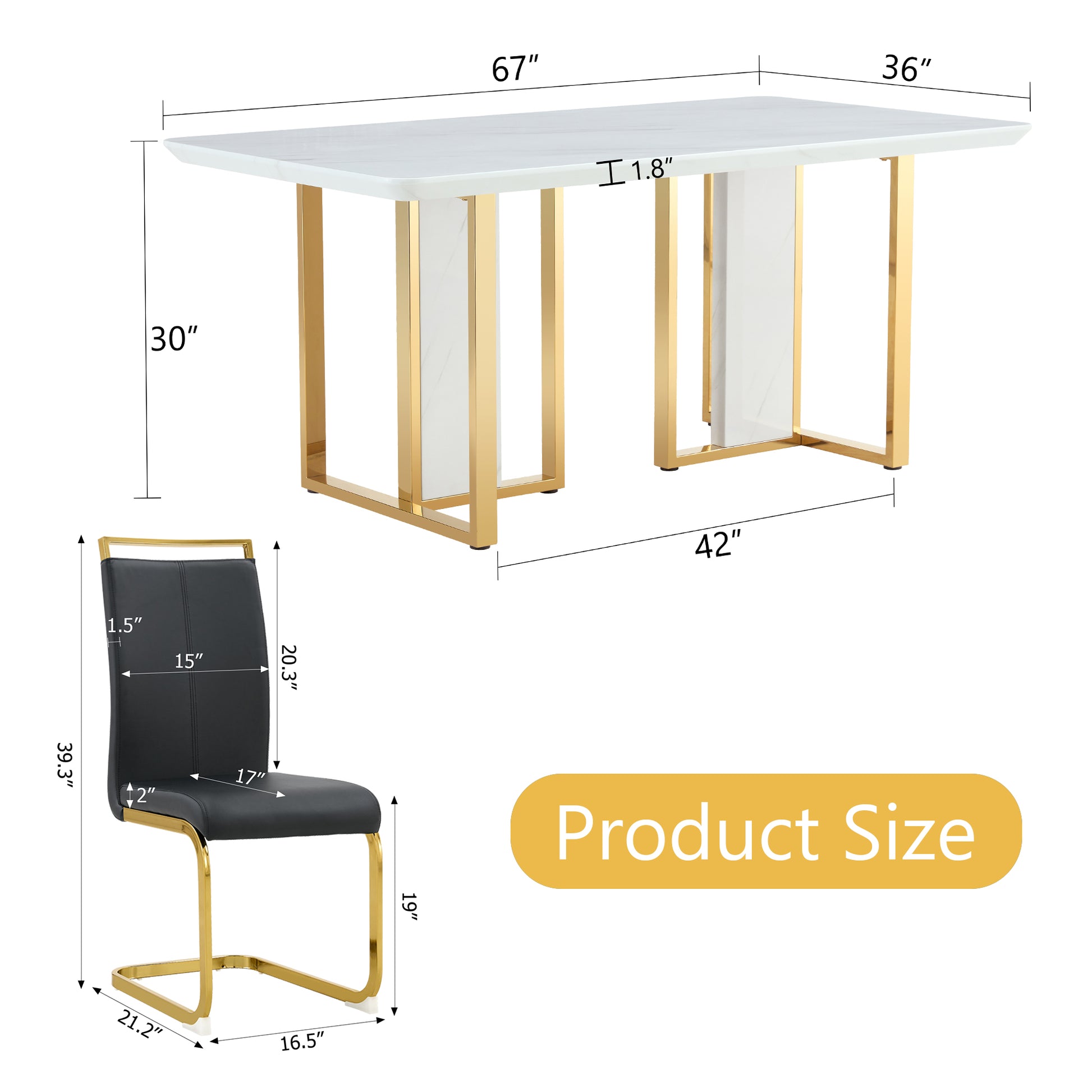 Table And Chair Set.67"X36" White Marble Pattern Mdf Dining Table Set With 8 Black Pu Chairs.Mdf Sticker,White Marble Pattern Sticker,Gold C Tube Chair Legs,Suitable For Kitchen,Dining Room,Etc.