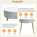 19.6'' Easy Assembly End Tables With High Gloss Faux Marble Tabletops, Set Of 2, Modern Fluted 2 Side Tables With Drawers, Round Coffee Tables With Golden Legs For Living Room, Grey Grey Gold Primary Living Space Drawers Round Mdf Iron