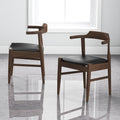 Leon Mid Century Modern Leather Dining Chair Set Of 2 Black,Wood Brown Dining Room Genuine Leather,Solid Wood