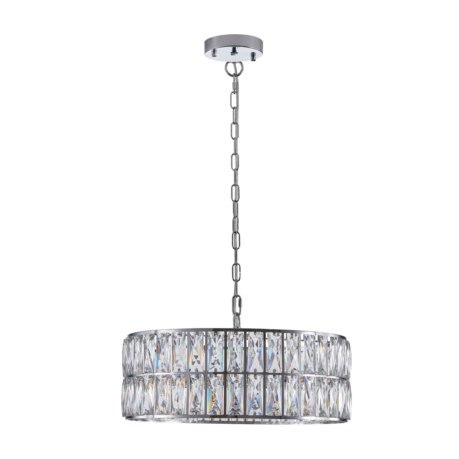 Modern Crystal Drum Chandelier, 6 Light Pendant Lighting Fixture With Silver Metal Frame For Living Room, Dining Room, And Bedroom Bulbs Not Included Silver Clear Crystal Iron