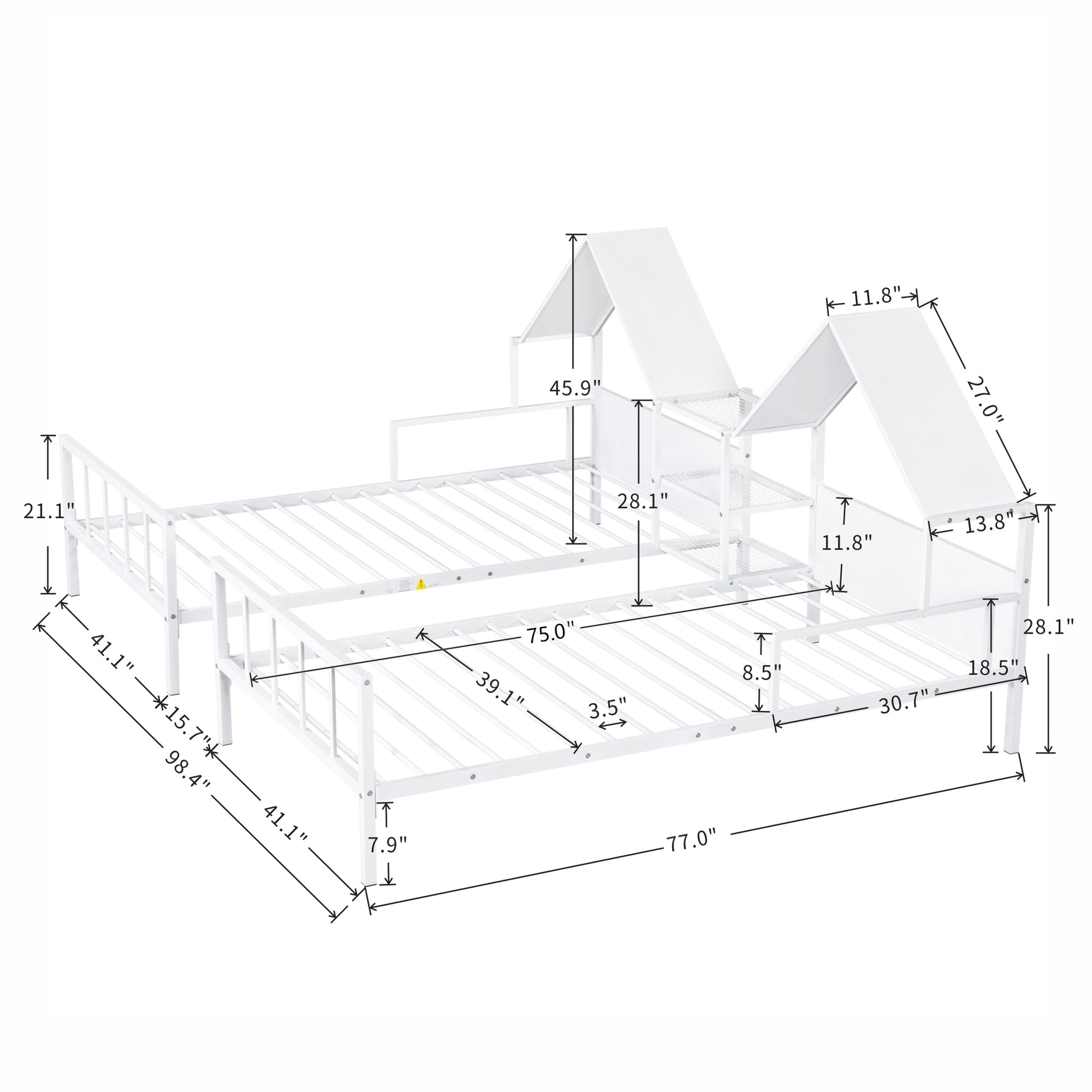 Metal Double Twin Size Platform Bed With House Shaped Headboard And A Built In Nightstand, White Box Spring Not Required Twin White Metal Metal