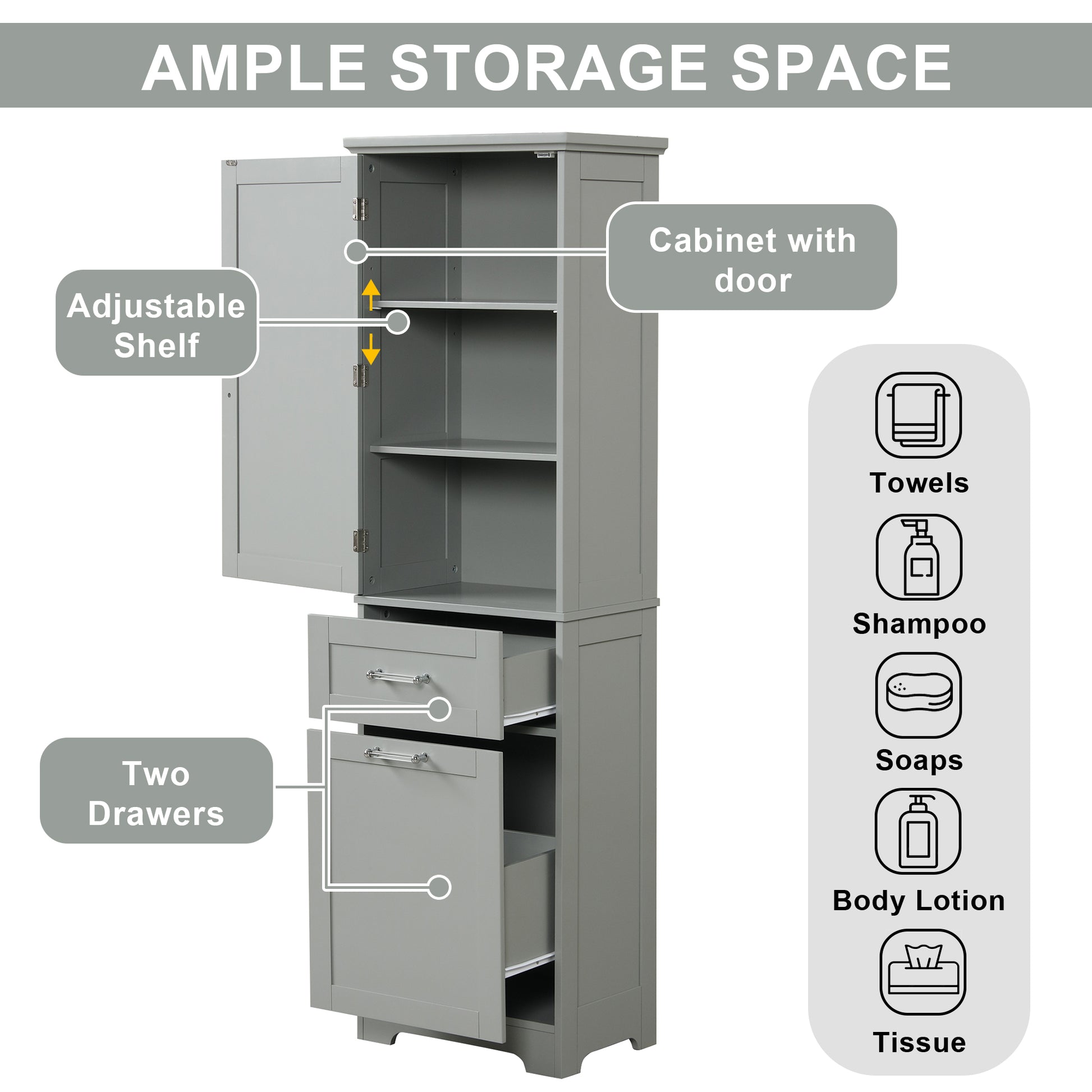 Tall Bathroom Storage Cabinet, Freestanding Storage Cabinet With Two Different Size Drawers And Adjustable Shelf, Mdf Board With Painted Finish, Grey Grey Mdf