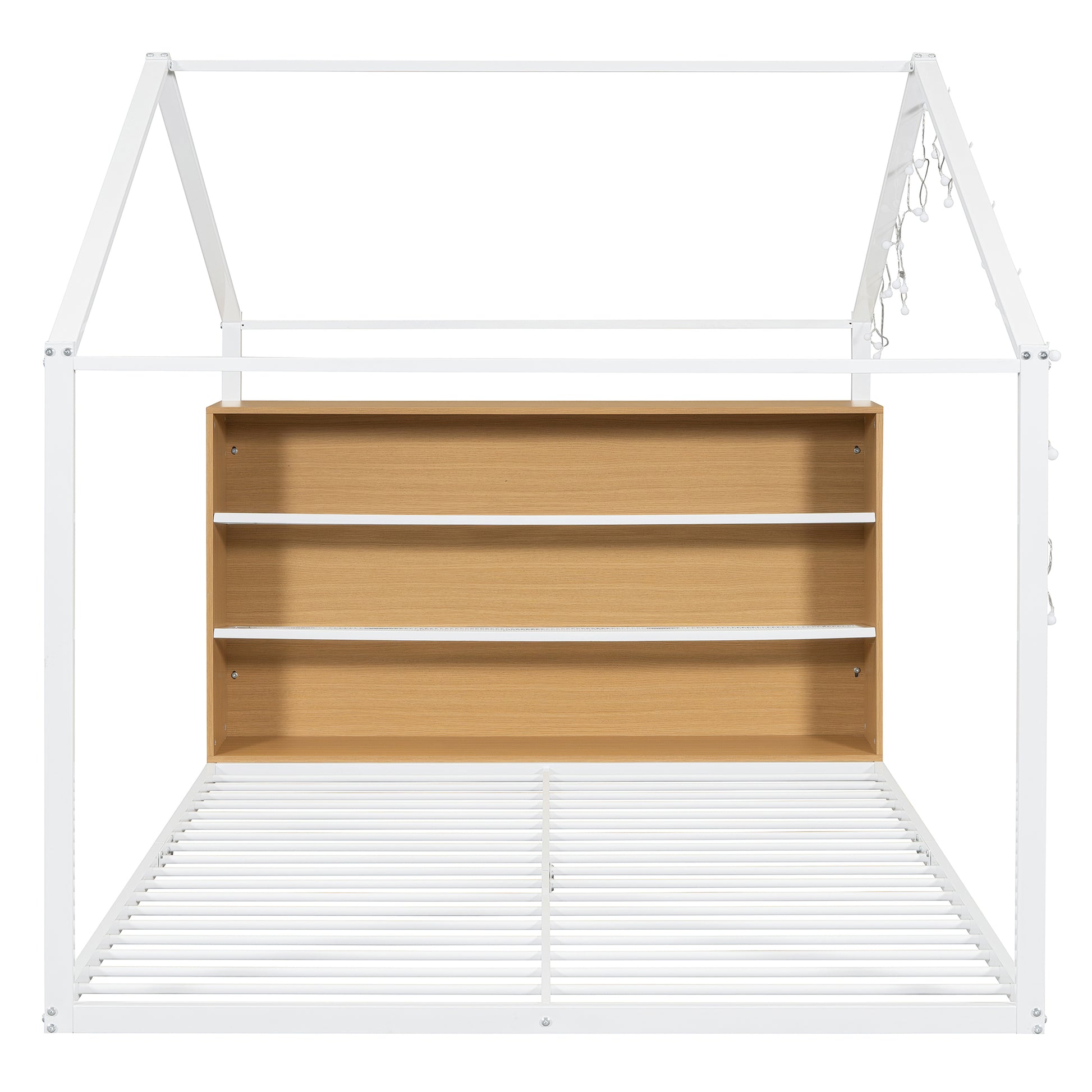 Full Size Metal Bed House Bed Frame With Shelves And Lights, White Full White Metal & Wood