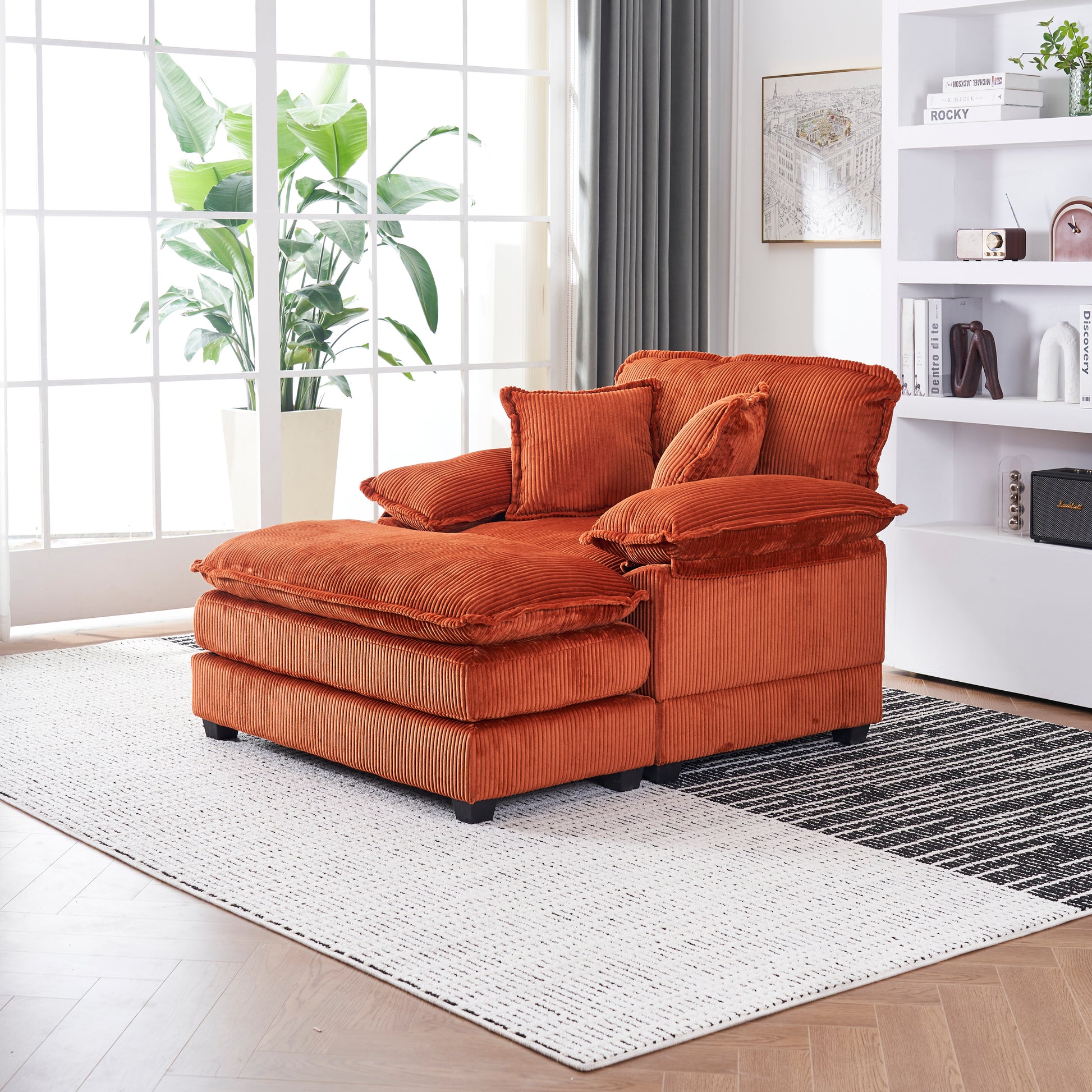 56.3 Inch Corduroy Single Sofa With 2 Toss Pillows And A Ottoman ,Comfy Sofa Deep Seat Couch For Living Room Orange Foam 1 Seat