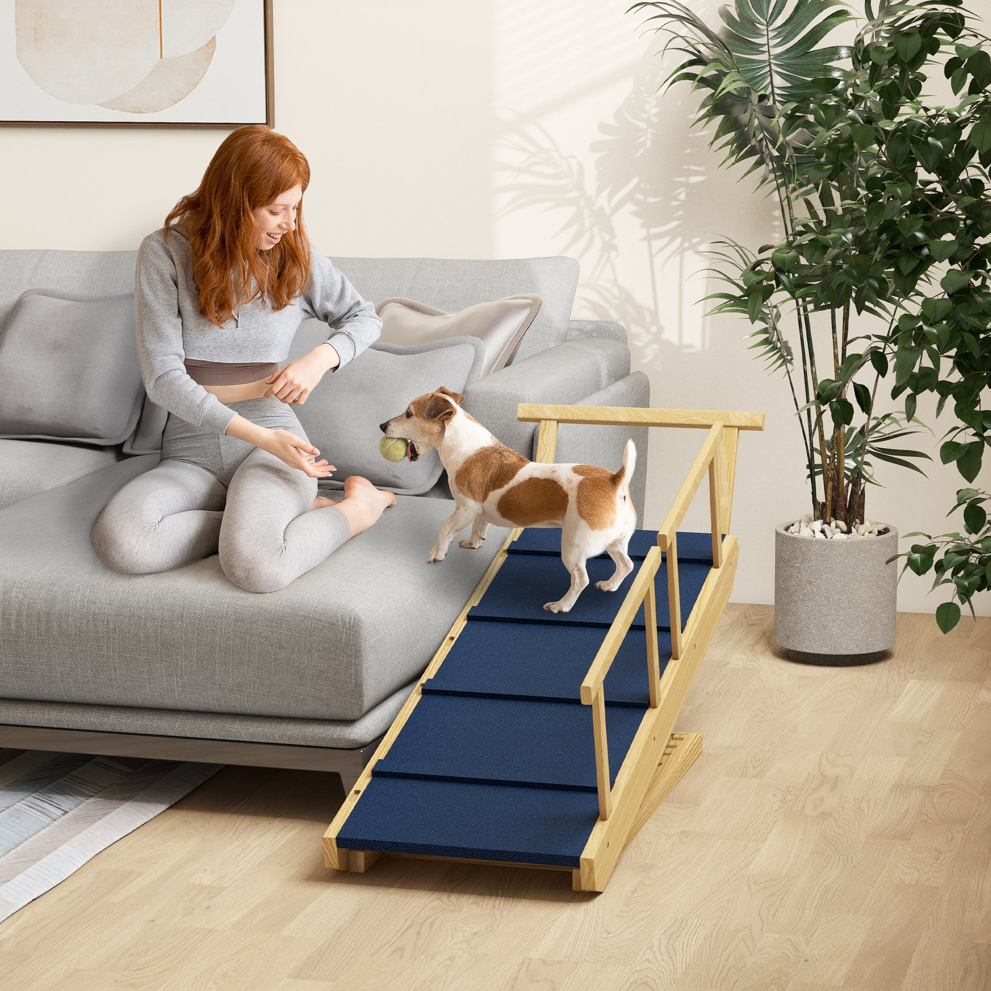 Pawhut Dog Ramp, Adjustable 4 Height Pet Ramp, Foldable Wooden Dog Stairs With Non Slip Mat For Small To Large Dogs To Get On High Bed Or Sofa Couch, Natural Wood Finish Natural Wood Wood