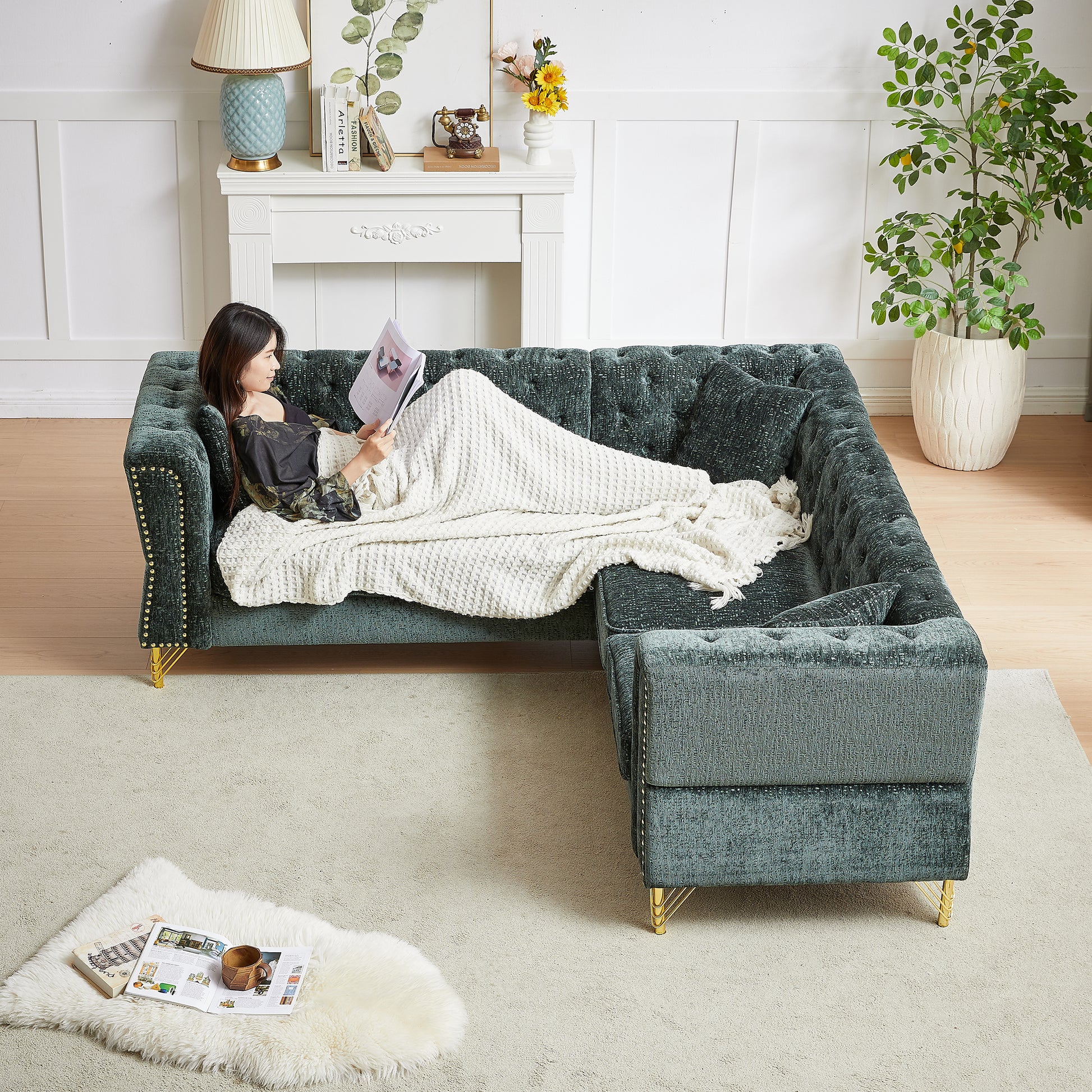 81.5 Inch Chenille Corner Sofal Shaped Sectional Couch, 5 Seater Corner Sofas With 3 Cushions For Living Room, Bedroom, Apartment, Office Green Foam Chenille 5 Seat
