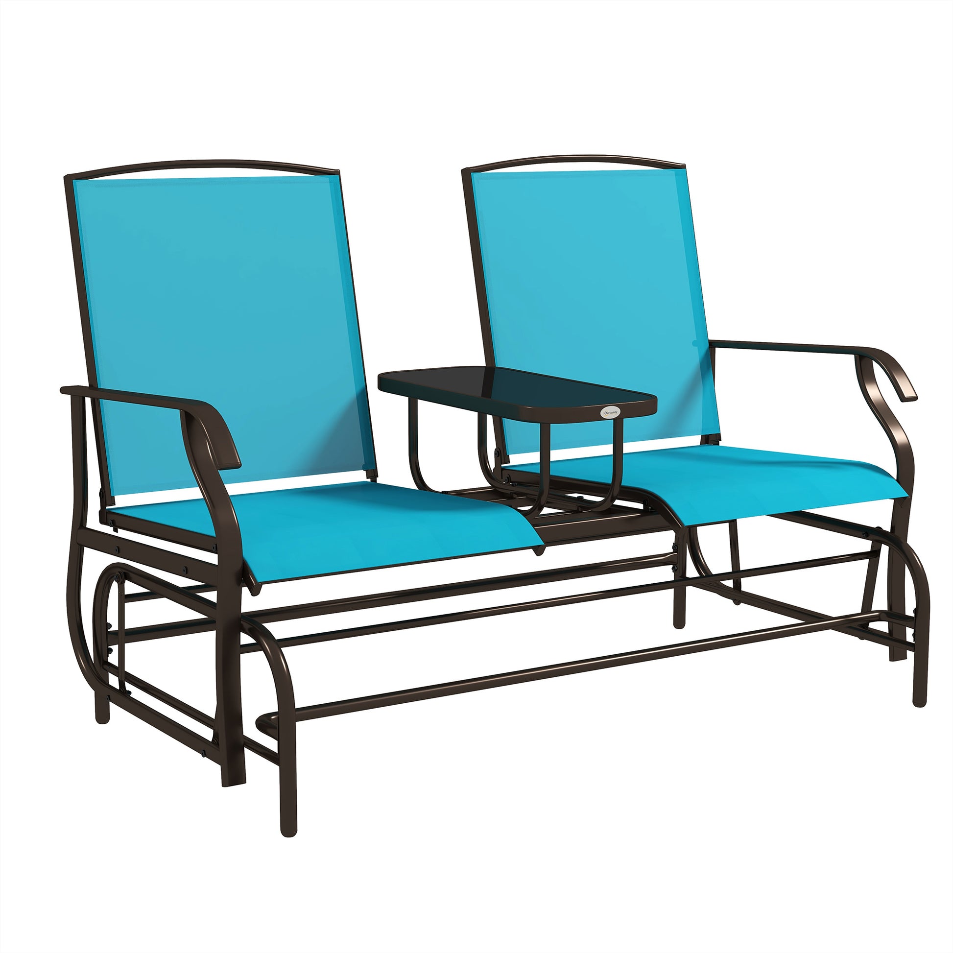 Outsunny Outdoor Glider Bench With Center Table, Metal Frame Patio Loveseat Withmesh Fabric And Armrests For Backyard Garden Porch, Blue Blue Steel