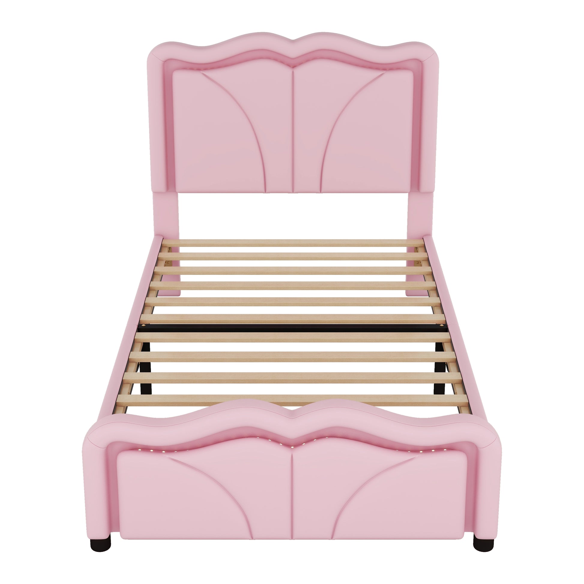 Twin Size Upholstered Platform Bed With Curve Shaped And Height Adjustbale Headboard,Led Light Strips,Pink Twin Pink Upholstered