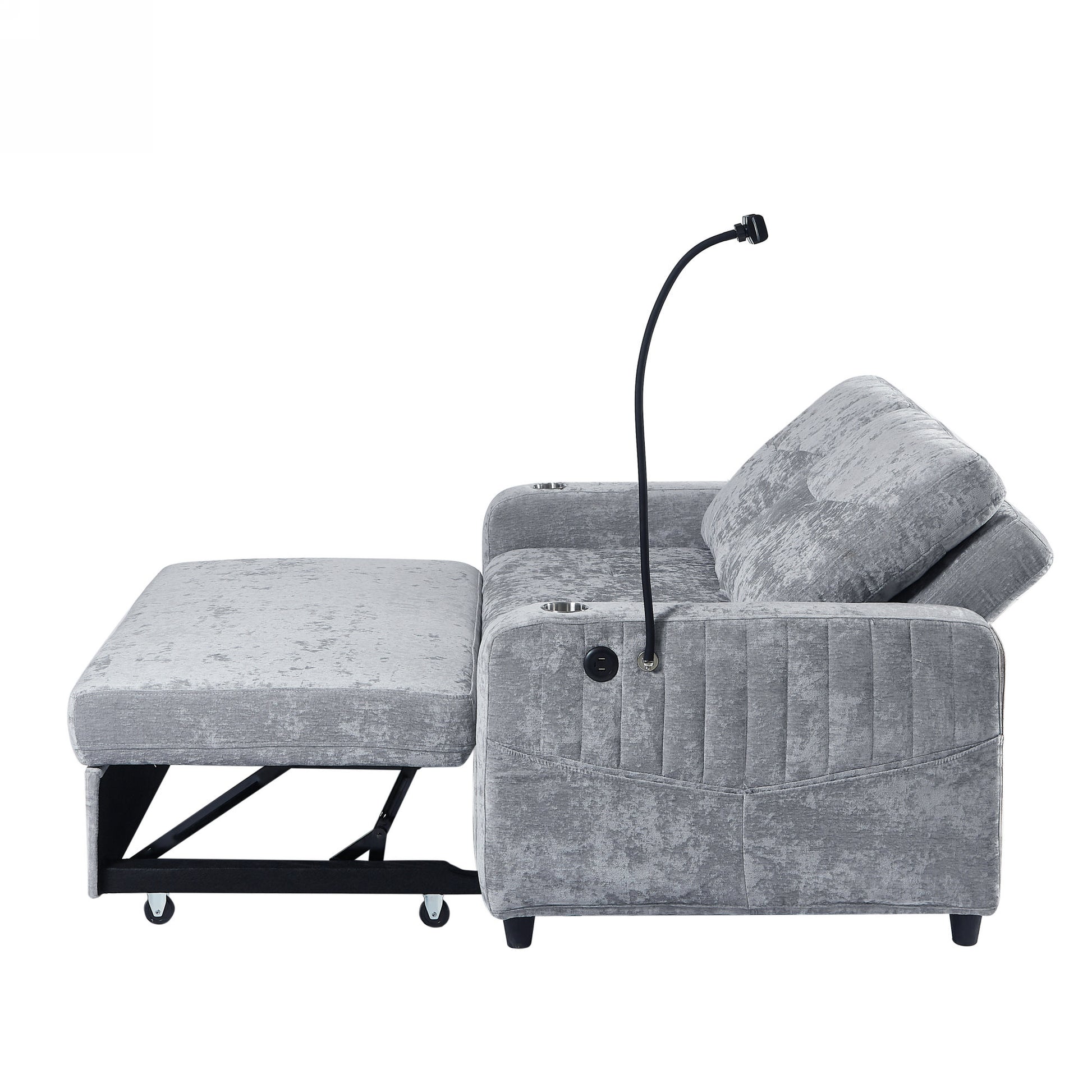 53.9" Modern Loveseat Pull Out Sofa Bed With Adjustable Backrest, Two Cup Holdersa Phone Holder, Three Charging Ports And Side Storage Pockets For Living Room, Grey Grey Foam Chenille