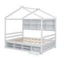 Full House Bed With Roof Frame, Bedside Shelves, Under Bed Storage Unit,White Full White American Design Pine