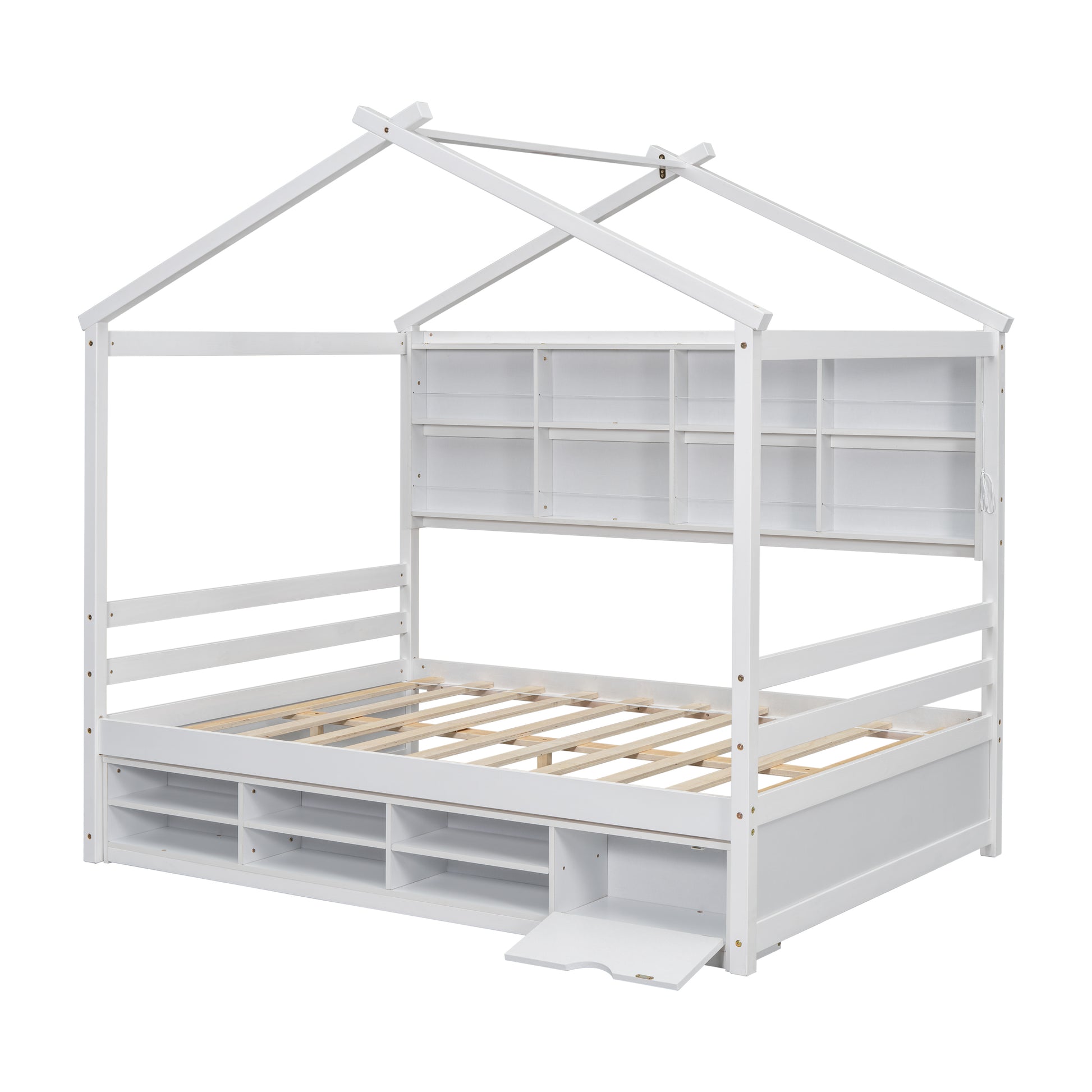 Full House Bed With Roof Frame, Bedside Shelves, Under Bed Storage Unit,White Full White American Design Pine