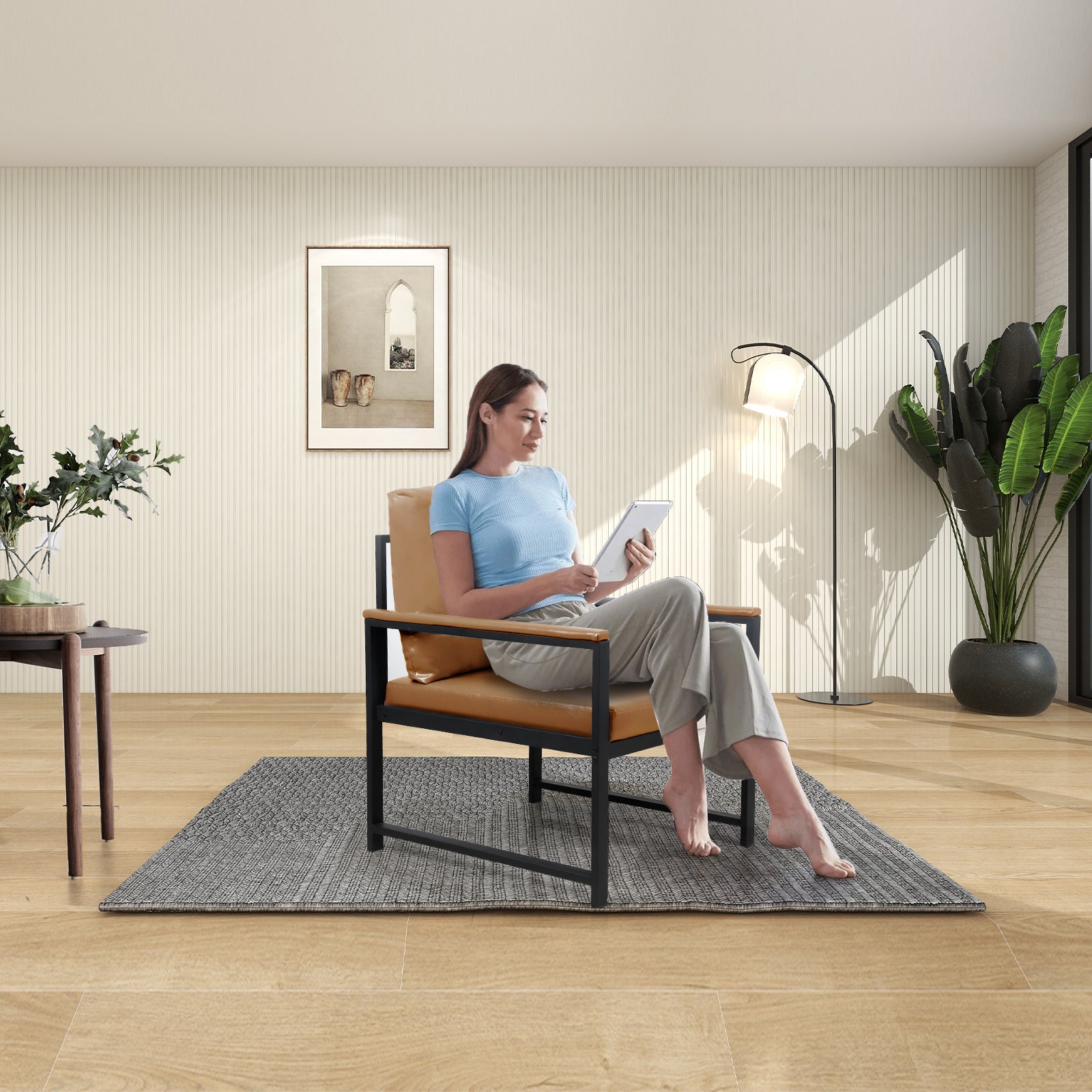 Lounge, Living Room, Office Or The Reception Area Leathaire Accent Arm Chair With Extra Thick Padded Backrest And Seat Cushion Sofa Chairs,Non Slip Adsorption Feet,Sturdy Metal Frame,Light Tan Camel Tech Cloth