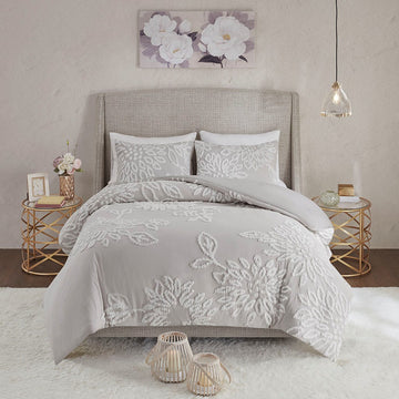 3 Piece Tufted Cotton Chenille Floral Duvet Cover Set Queen Grey Cotton