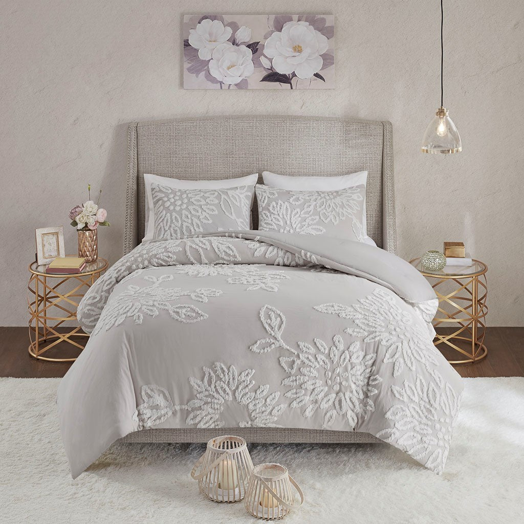 3 Piece Tufted Cotton Chenille Floral Duvet Cover Set King Grey Cotton