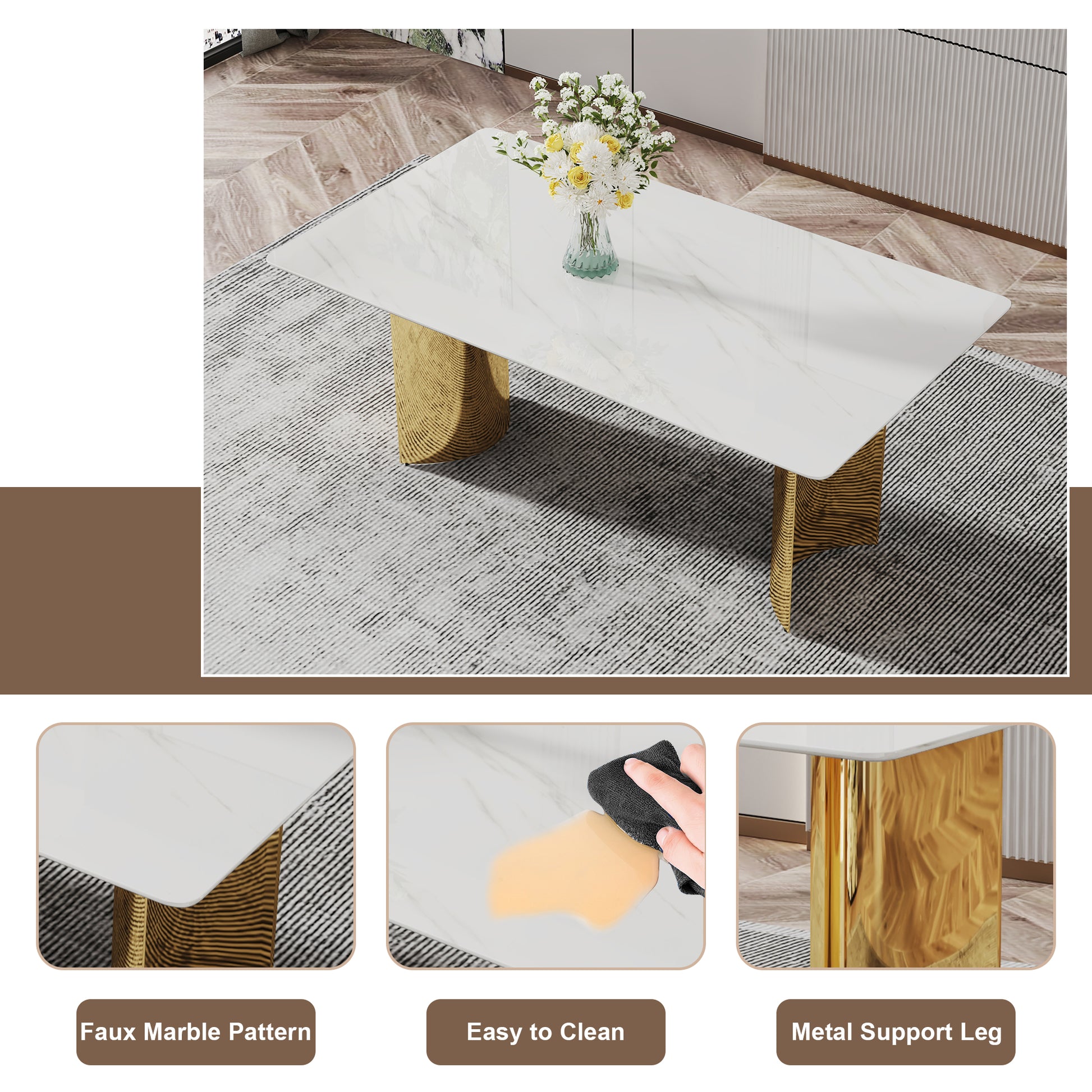 Table And Chair Set.The Table Has A Glass Tabletop With Imitation Marble Pattern Stickers And Stainless Steel Golden Table Legs. Paried With Comfortable Chairs With Pu Seats And Metal Legs. White