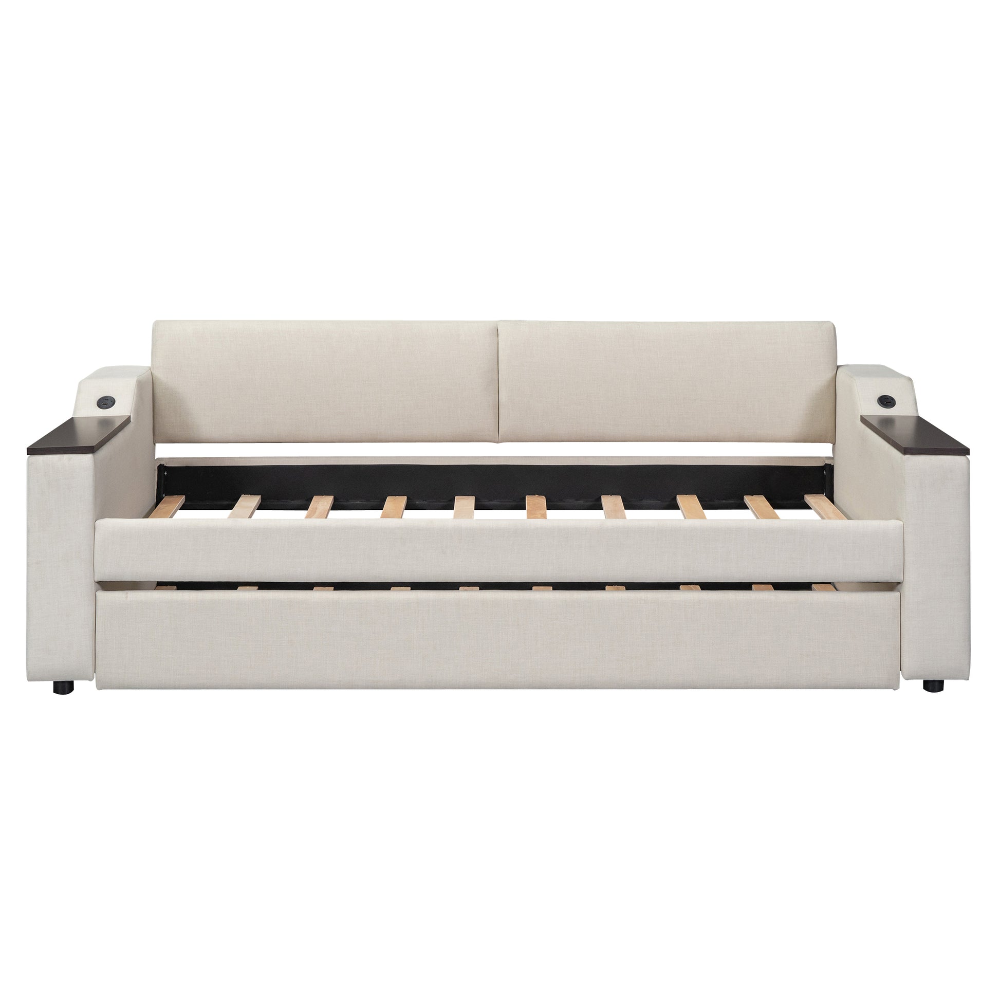 Twin Size Upholstery Daybed With Storage Arms, Trundle And Usb Design, Beige Old Sku:Gx000547Aaa Box Spring Not Required Twin Beige Wood Upholstered