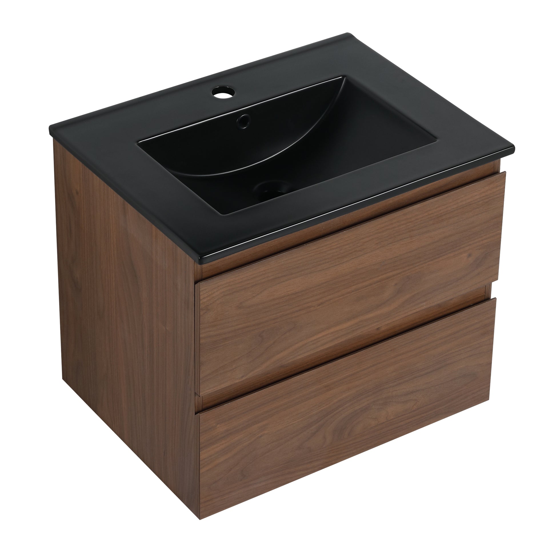 24" Wall Mounted Bathroom Vanity With Black Ceramic Sink, 2 Soft Close Drawers, Kd Package 2 Brown Oak Bathroom Wall Mounted Modern Plywood