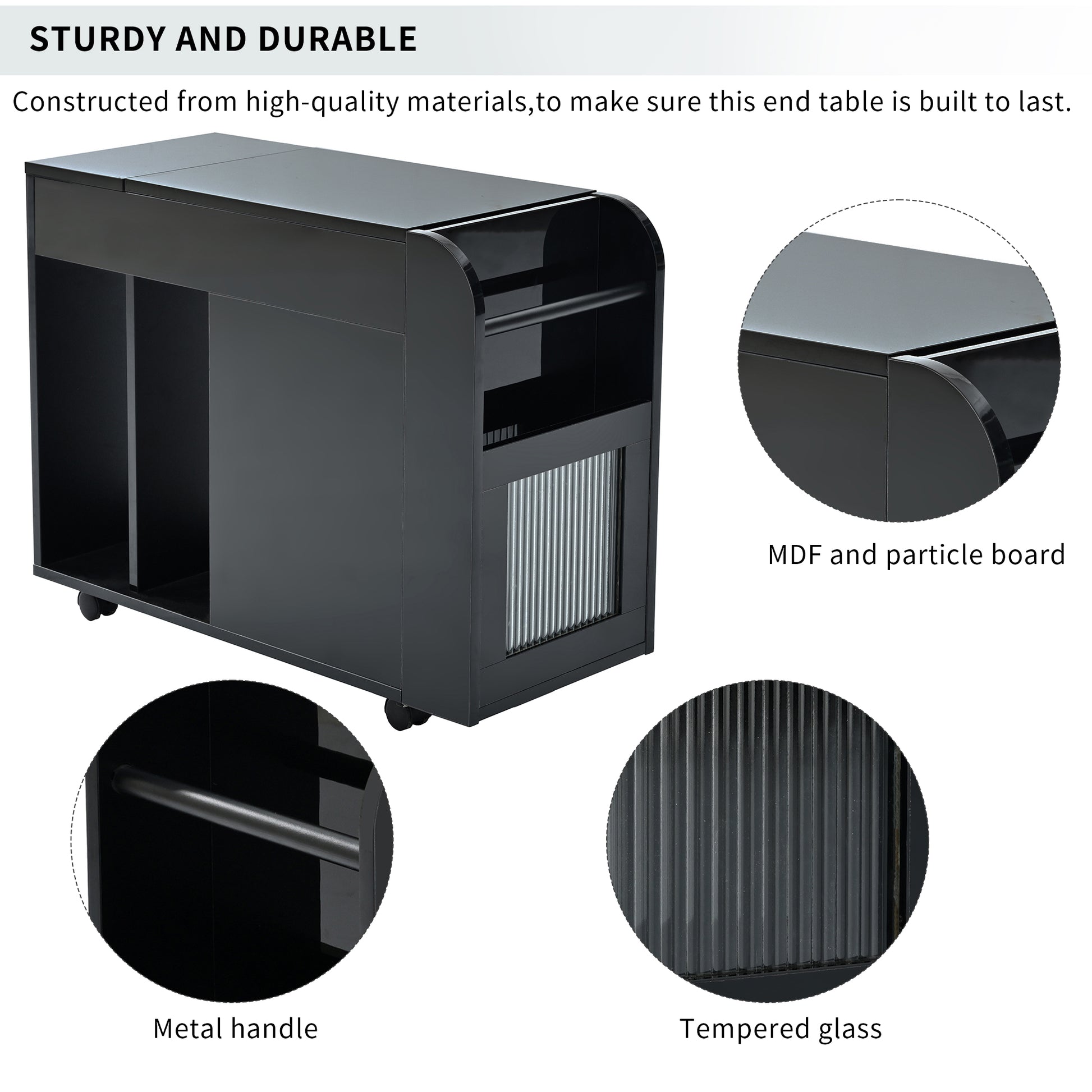 Multifunctional Extendable End Table With Wheels, Side Table With Tempered Glass Door, 2 Storage Shelves, 2 Drawers For Living Room, Black Black Mdf