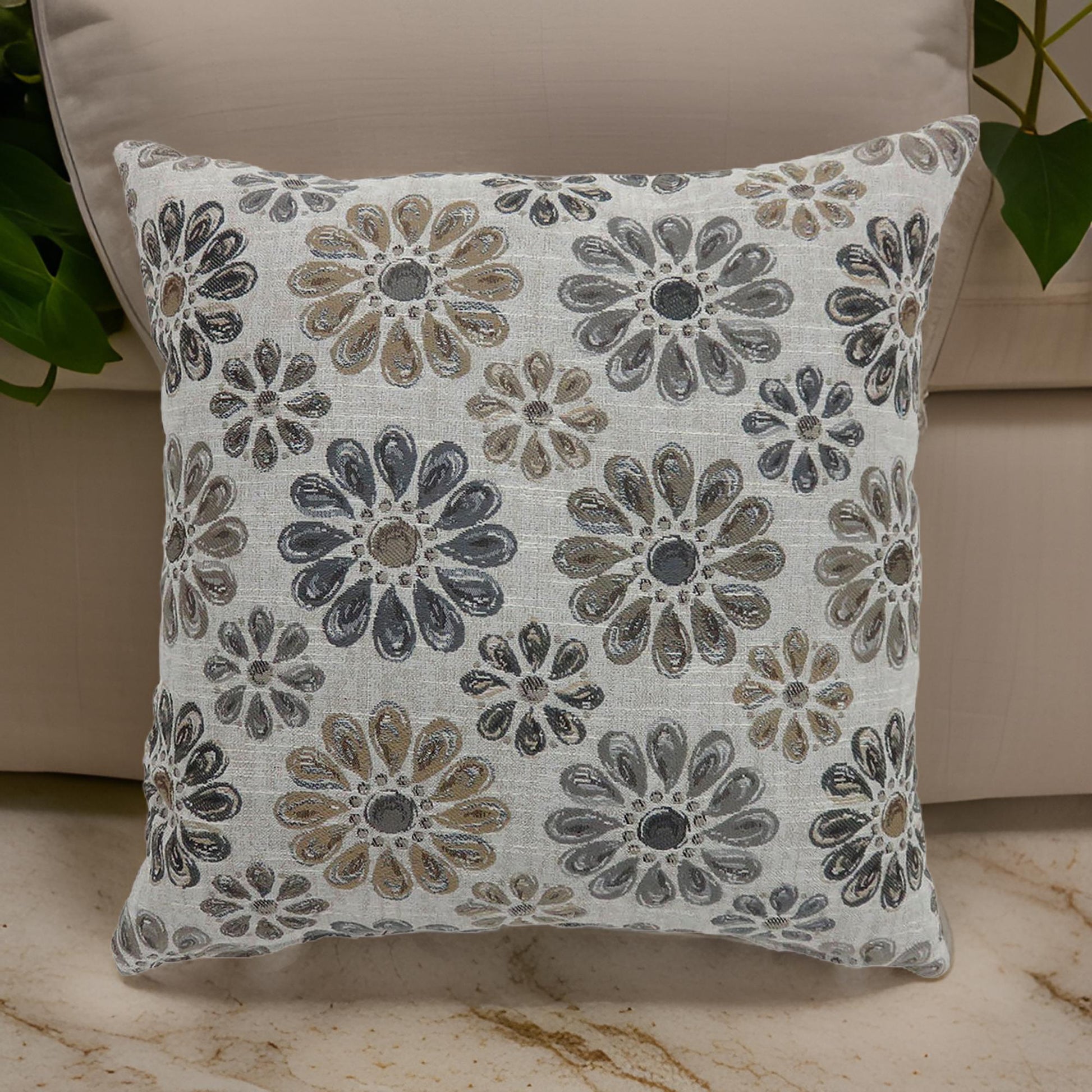 Contemporary Style Floral Designed Set Of 2 Throw Pillows, Gray Gray Polyester