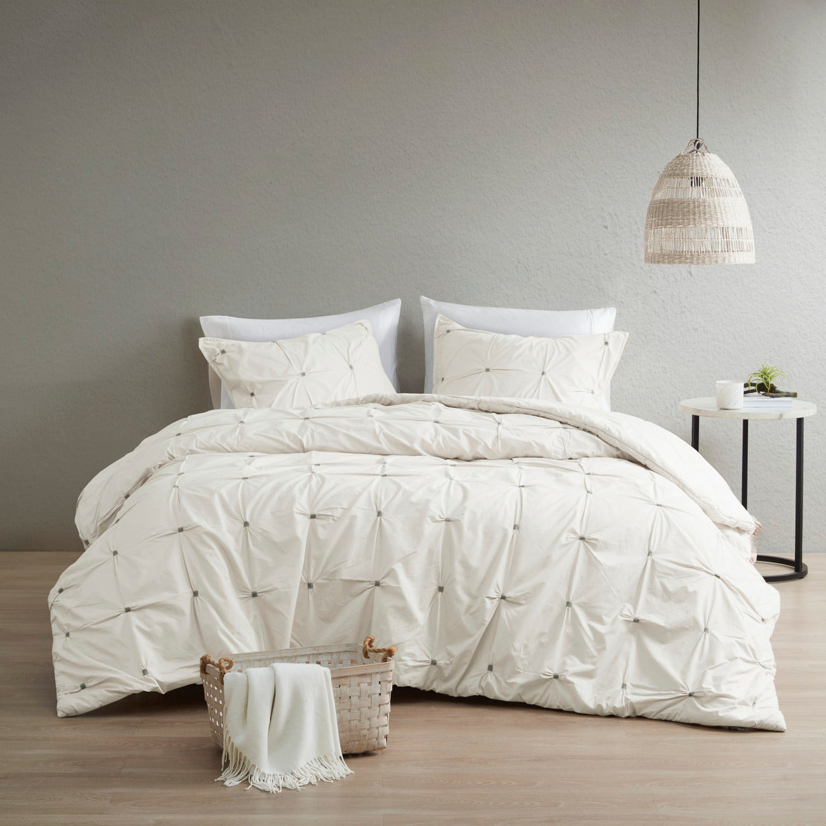 3 Piece Elastic Embroidered Cotton Duvet Cover Set Queen White Cotton