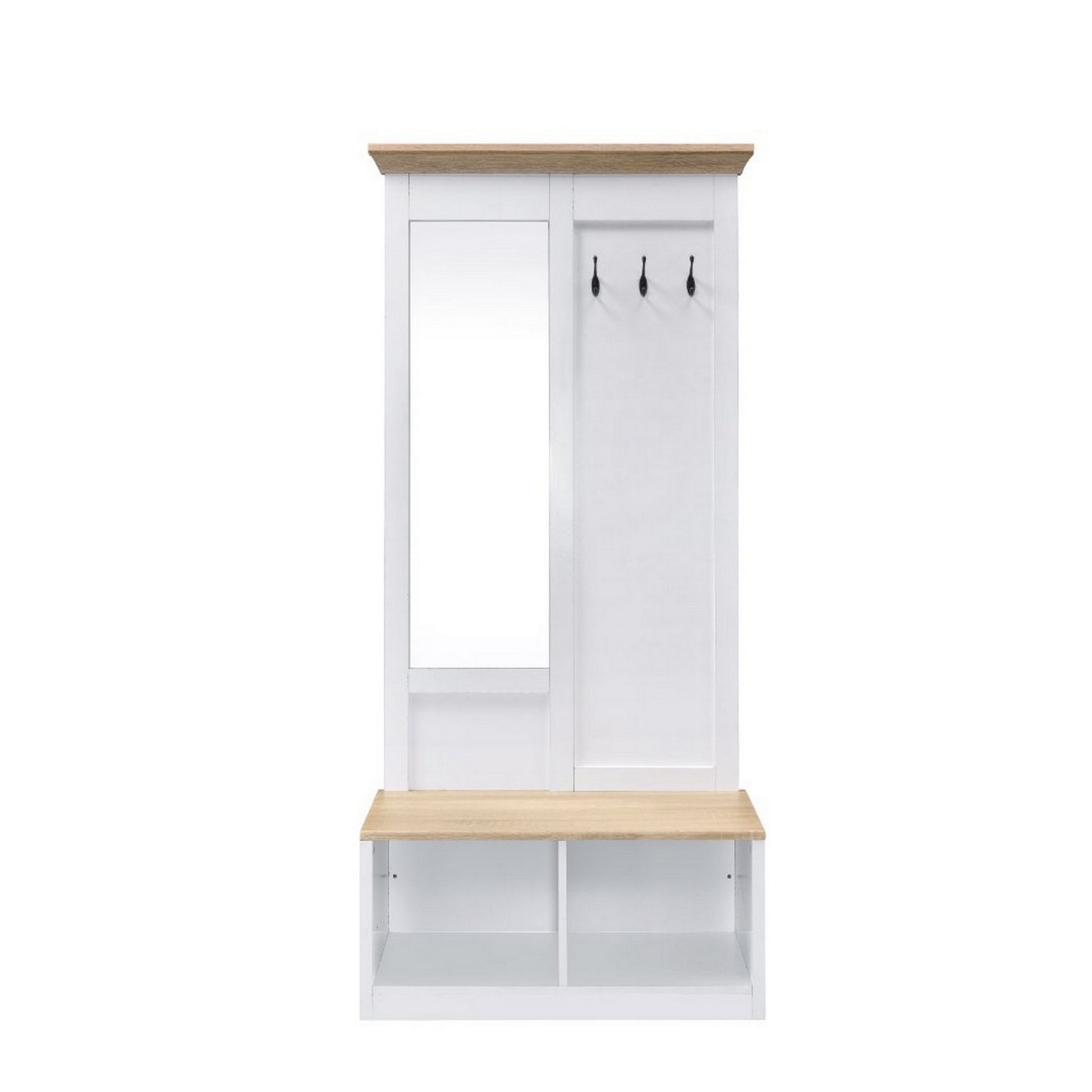 Hall Tree With Body Length Mirror And Bench Seat, White And Brown Brown White Wood Metal