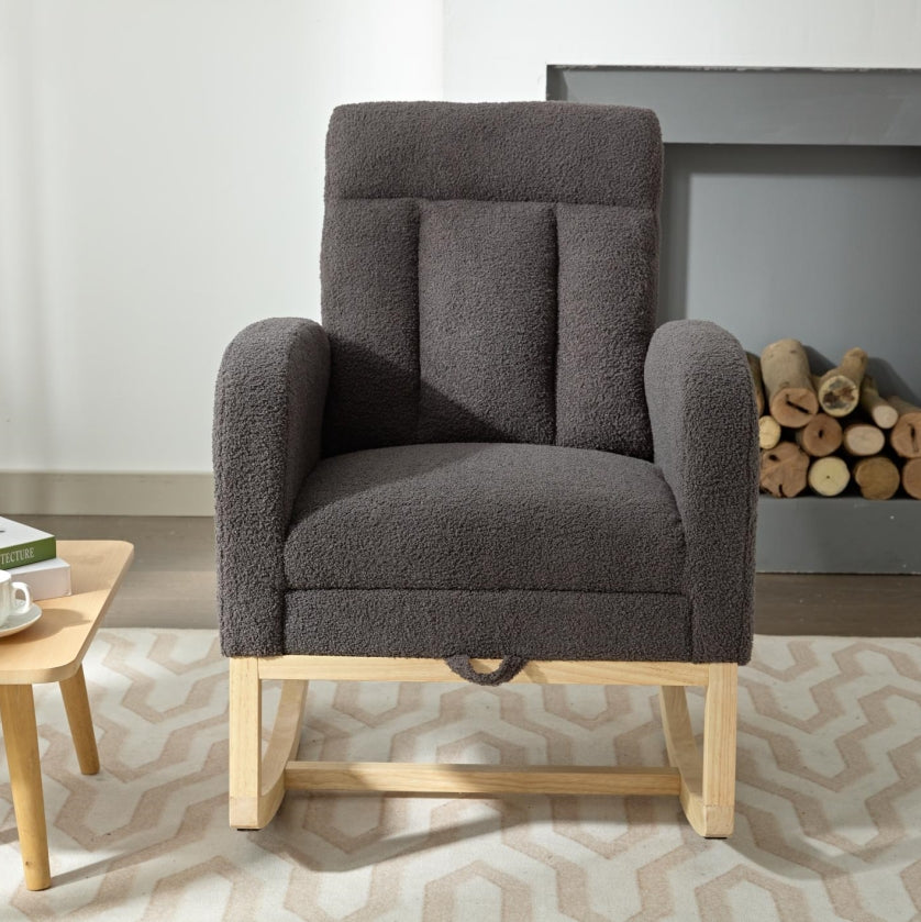 Modern Accent Rocking Chair Rocking Chair With Solid Wood Legs, Adjustable Footrest,Comfy Armchair With Side Pocket, Living Room Lounge Arm Chair With High Backrest Gray,Teddy Gray Polyester Blend