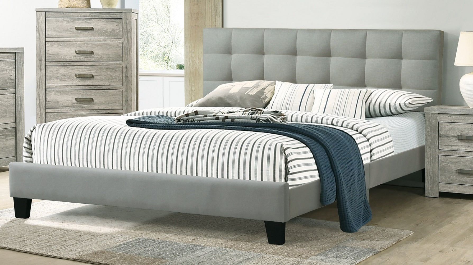 Contemporary 1Pc California King Size Bed Grey Polyfiber Tufted Headboard Platform Bedframe Bedroom Furniture Box Spring Not Required California King Grey,Light Gray Wood Bedroom Modern,Transitional