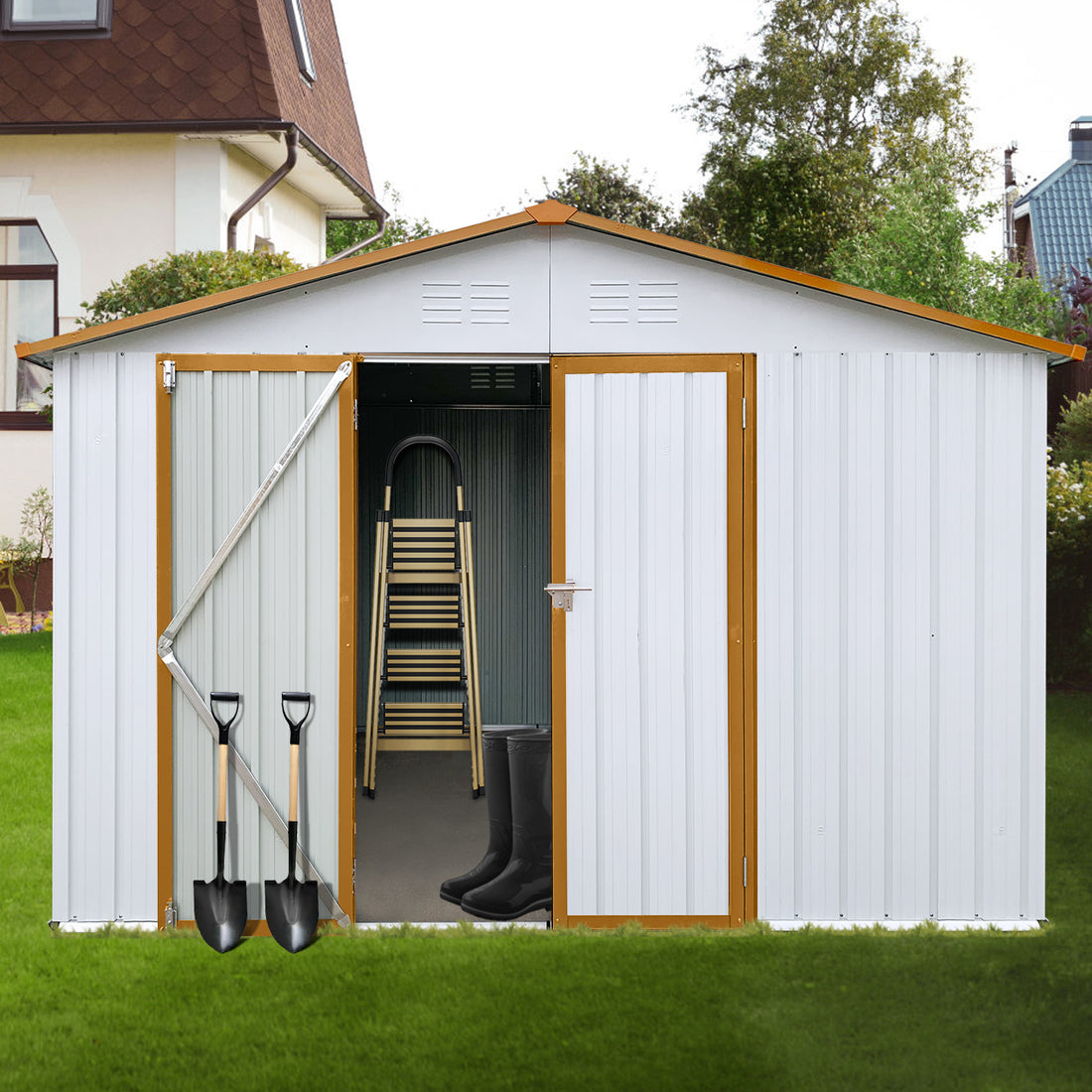 Metal Garden Sheds 10Ftx12Ft Outdoor White Yellow White Metal