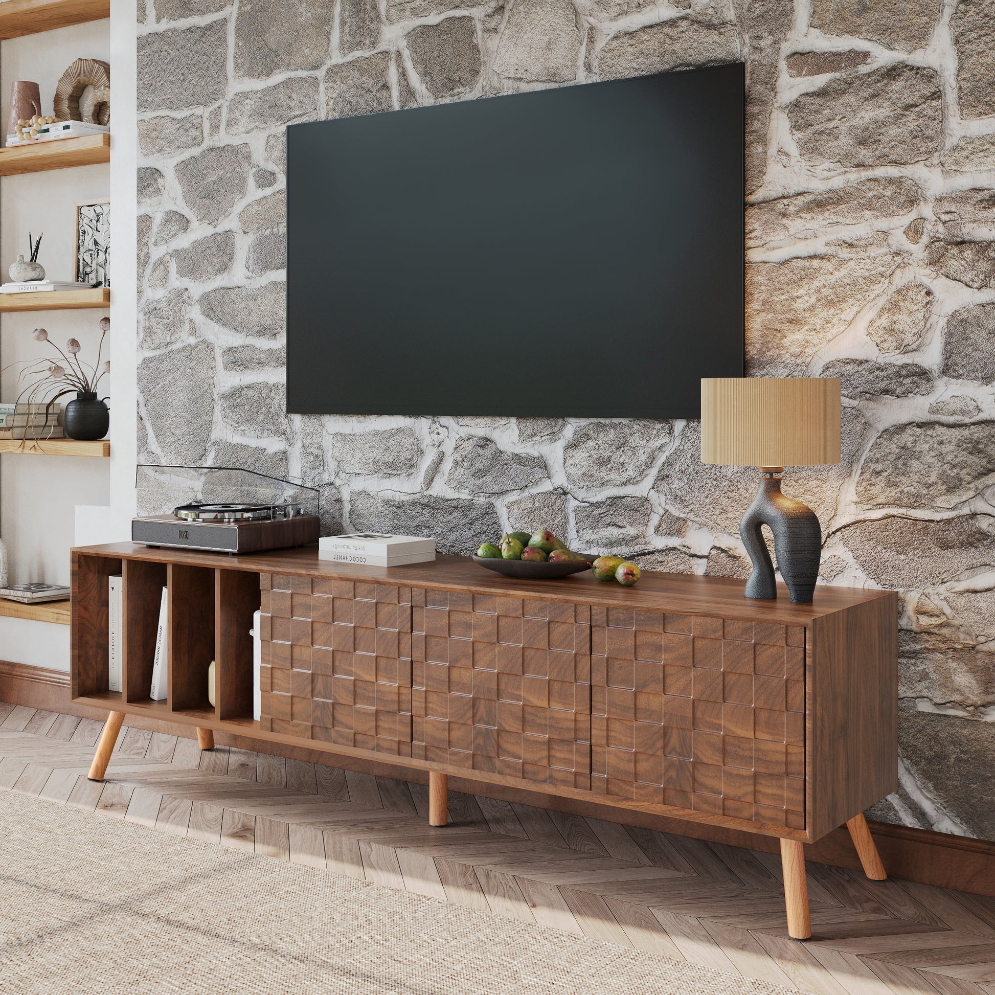 70" Mid Century Modern Tv Stand, Media Console Table For Tvs Up To 80'', Entertainment Center With 5 Solid Wood Legs For Living Room, Bedroom Walnut Primary Living Space 70 79 Inches 70 79 Inches