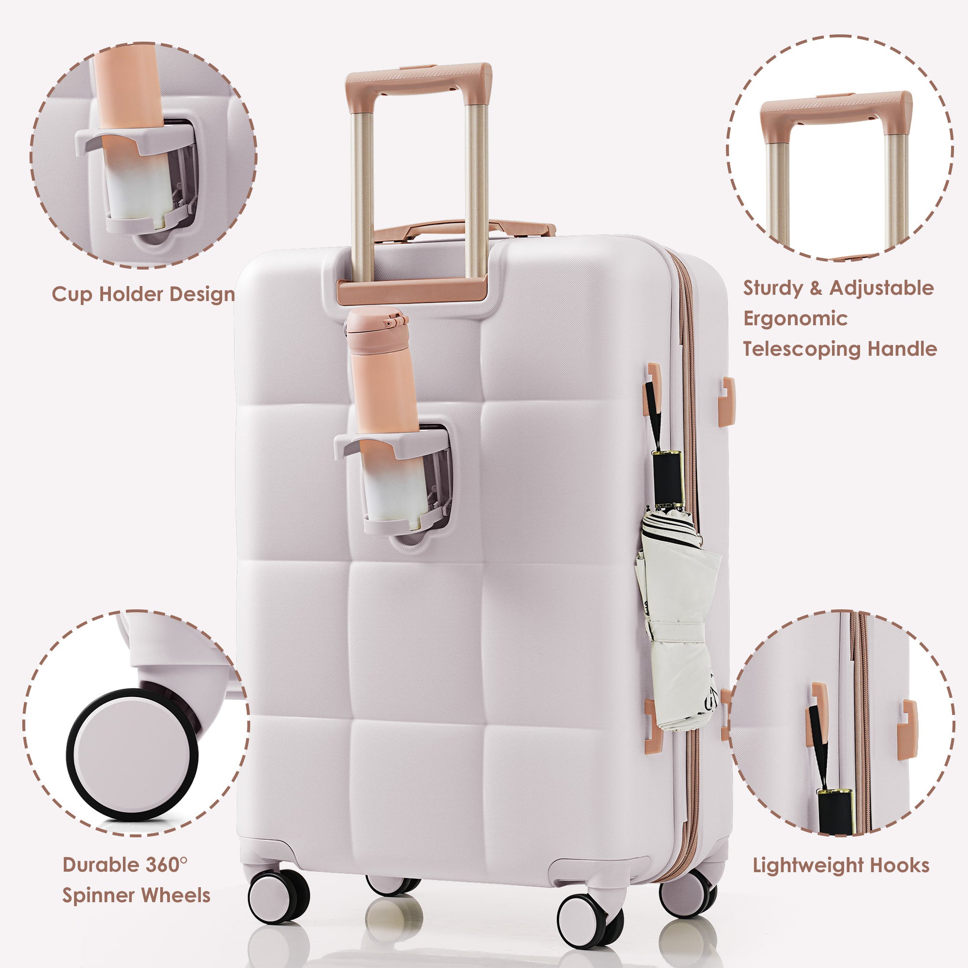 Luggage Set Of 3, 20 Inch With Usb Port, Airline Certified Carry On Luggage With Cup Holder, Abs Hard Shell Luggage With Spinner Wheels, Light Grey Grey Abs