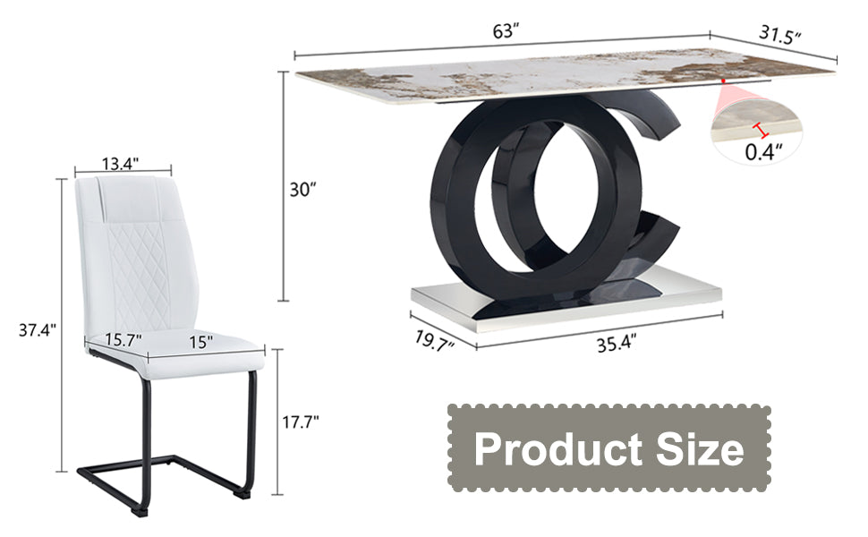 Table And Chair Set.63"X31.5" Marble Pattern Sintered Stone Table With Mdf Oc Shaped Bracket.Paired With 6 White Pu Chairs With Black Metal Legs.Suitable For Kitchen,Dining Room,Etc. White Black