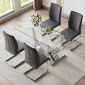 Table And Chair Set.Modern Dining Table,Tempered Glass Tabletop And Silver Colored Leg.Paired With 4 Soft And Comfortable Dark Gray Pu Chair, Perfect For Dinner, Meetings, Home And Office Decor.